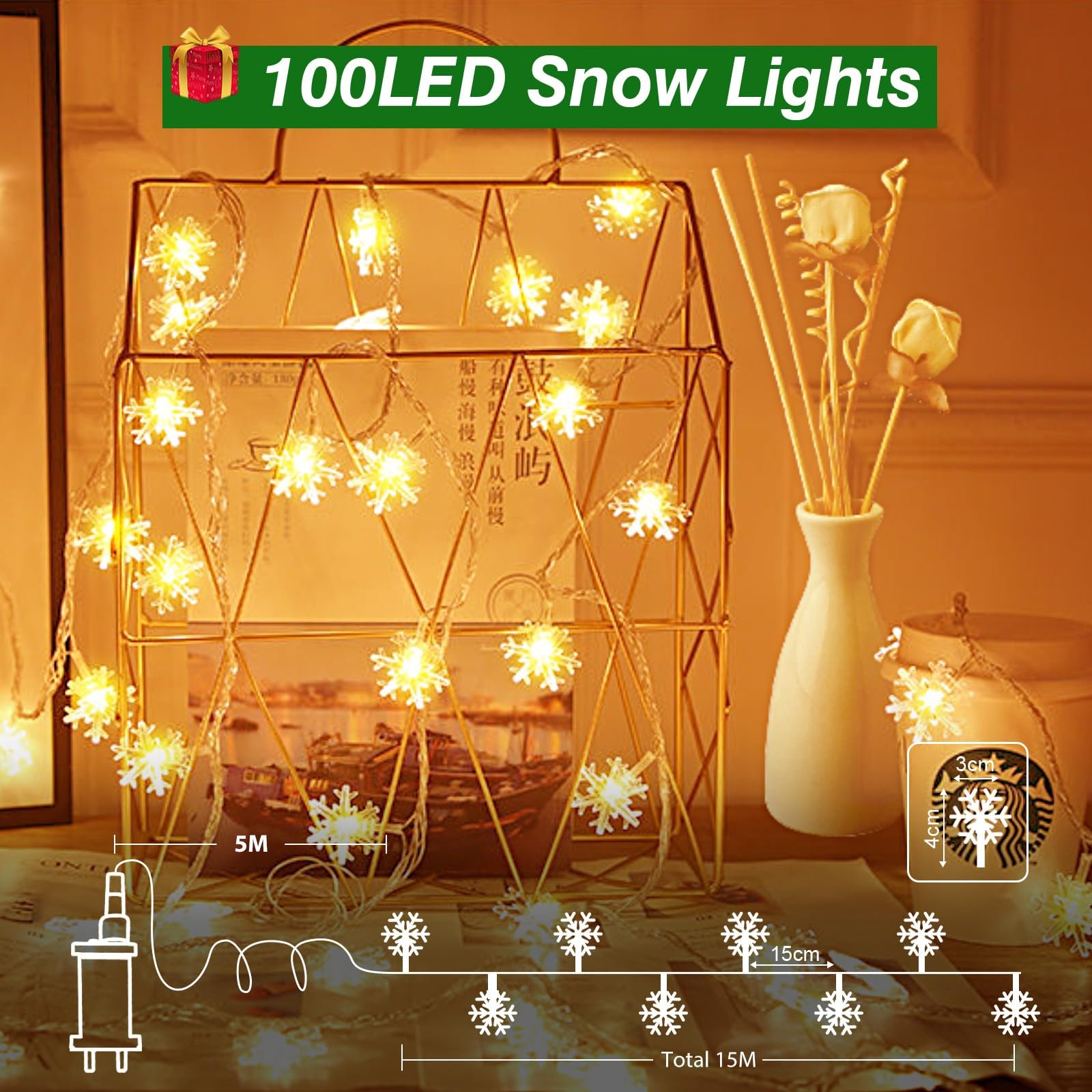 Гирлянда Cshare Snowflake 15 м 100 LED с вилкой Теплый белый, фото №6