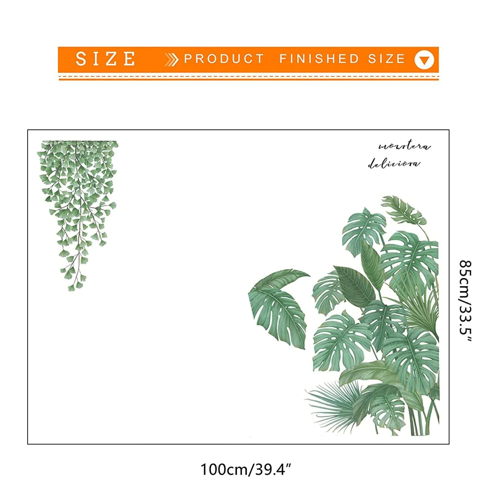 Наклейка на стену Зеленые тропические листья Монстера 90 x 30 см, фото №3