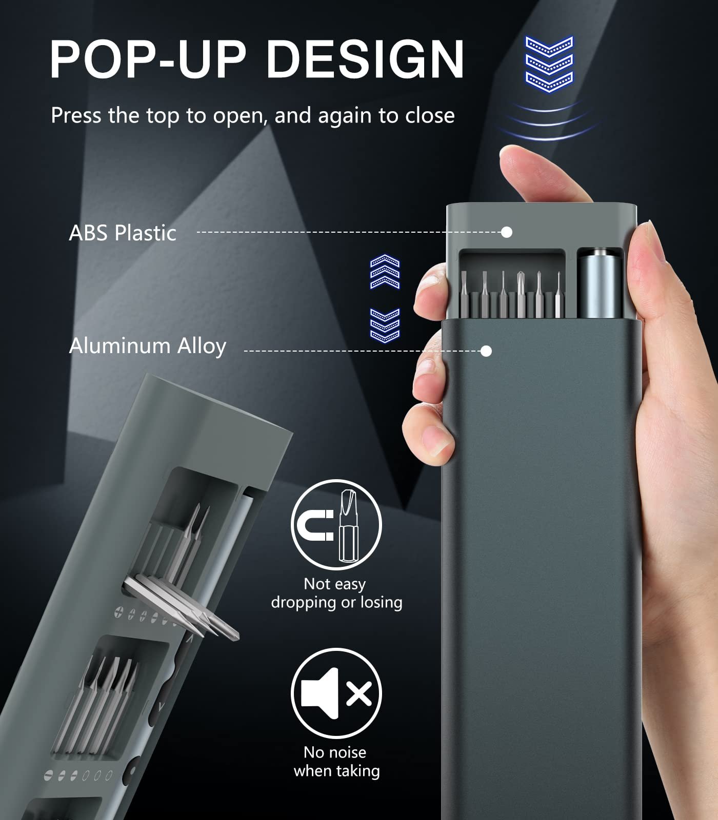 Міні-набір викруток Housolution 62 в 1 електрична з магнітною прецизійною викруткою та LED, 58 штук, для ремонту мобільного телефону, ноутбука, сірий, фото №2