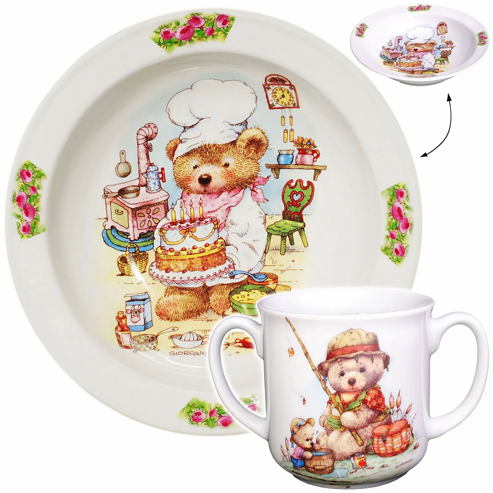 Набір дитячого посуду Миле плюшеве ведмежа з тортом і риболовлею Порцеляна / Кераміка, фото №1 Набір дитячого посуду Миле плюшеве ведмежа з тортом і риболовлею Порцеляна / Кераміка, фото №1