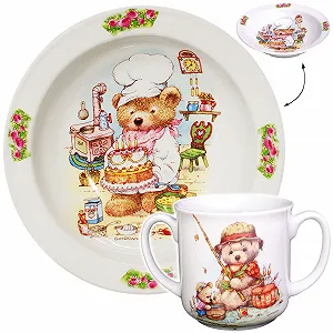 Набір дитячого посуду Миле плюшеве ведмежа з тортом і риболовлею Порцеляна / Кераміка - Фото 1