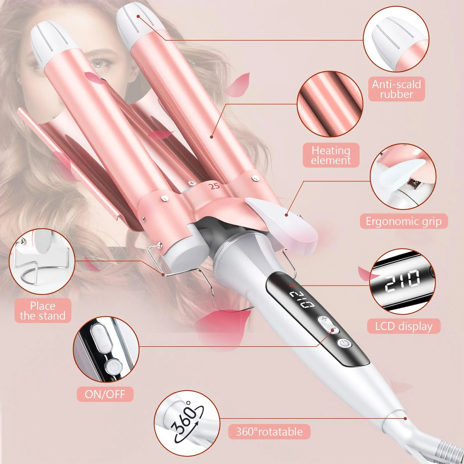 Потрійна плойка Curling Iron 3 Barrels 32 mm Wave Iron Керамічне покриття LCD дисплей, фото №2 Потрійна плойка Curling Iron 3 Barrels 32 mm Wave Iron Керамічне покриття LCD дисплей, фото №2