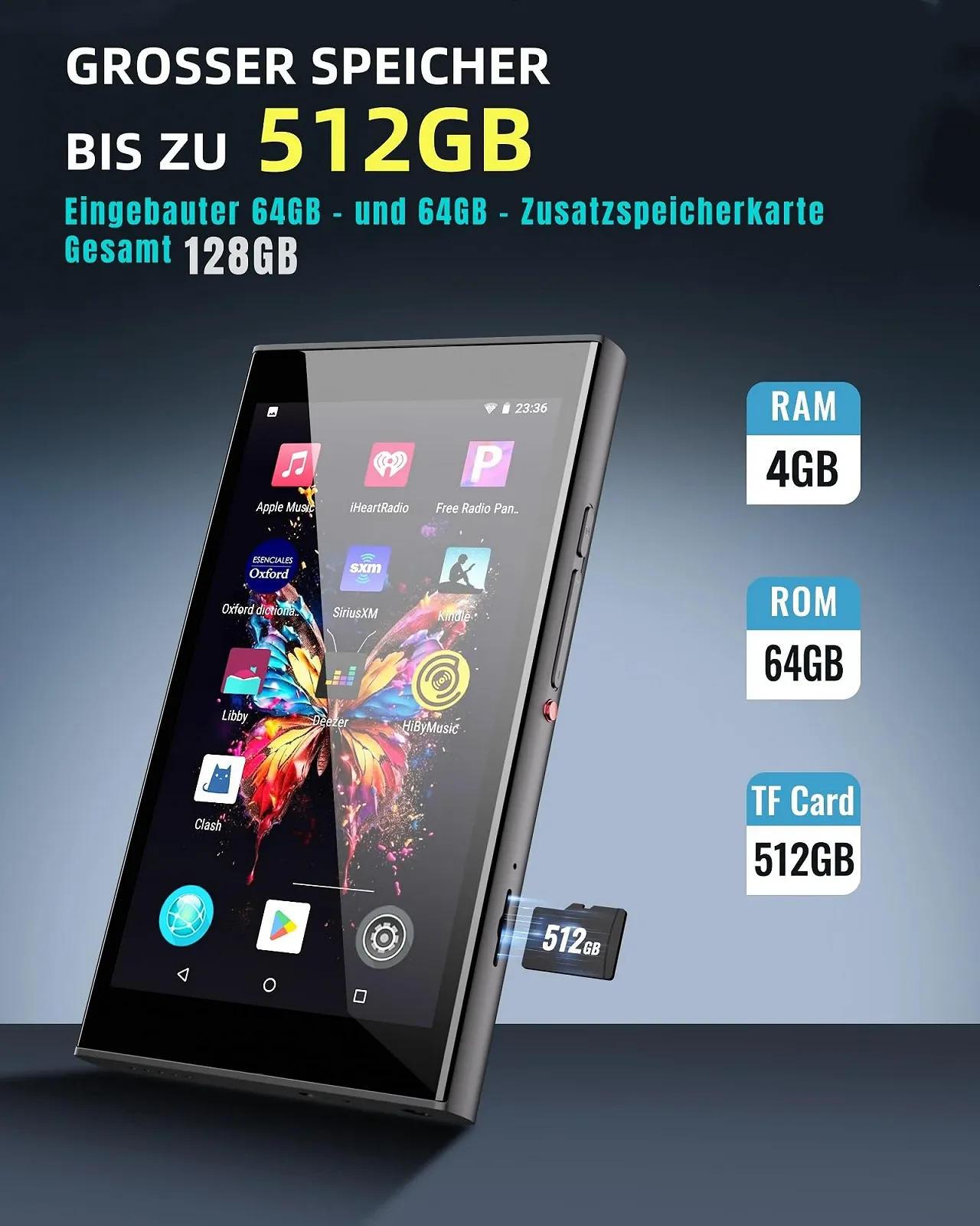 MP3-плеер Pecsu G5 128GB Bluetooth, WiFi, 5-дюймовый сенсорный экран Android 14, Черный, фото №3