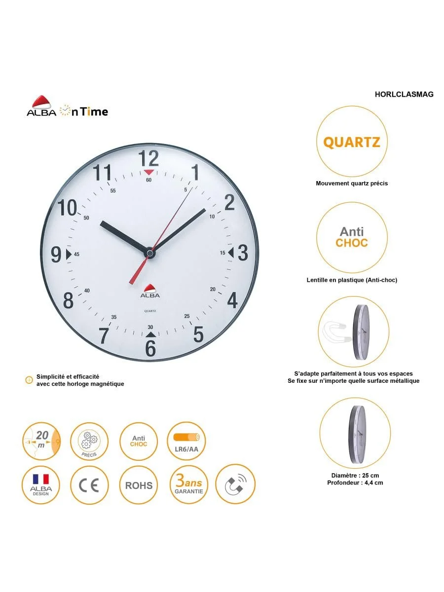 Настенные часы Alba Horclassmag магнитные тихие 25 см белый, фото №4 Настенные часы Alba Horclassmag магнитные тихие 25 см белый, фото №4
