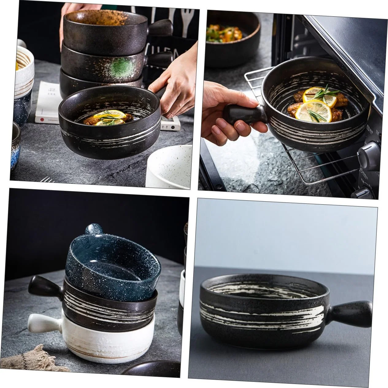 Миска для запікання керамічна з ручкою для мікрохвильової печі та духовки чорна, фото №3