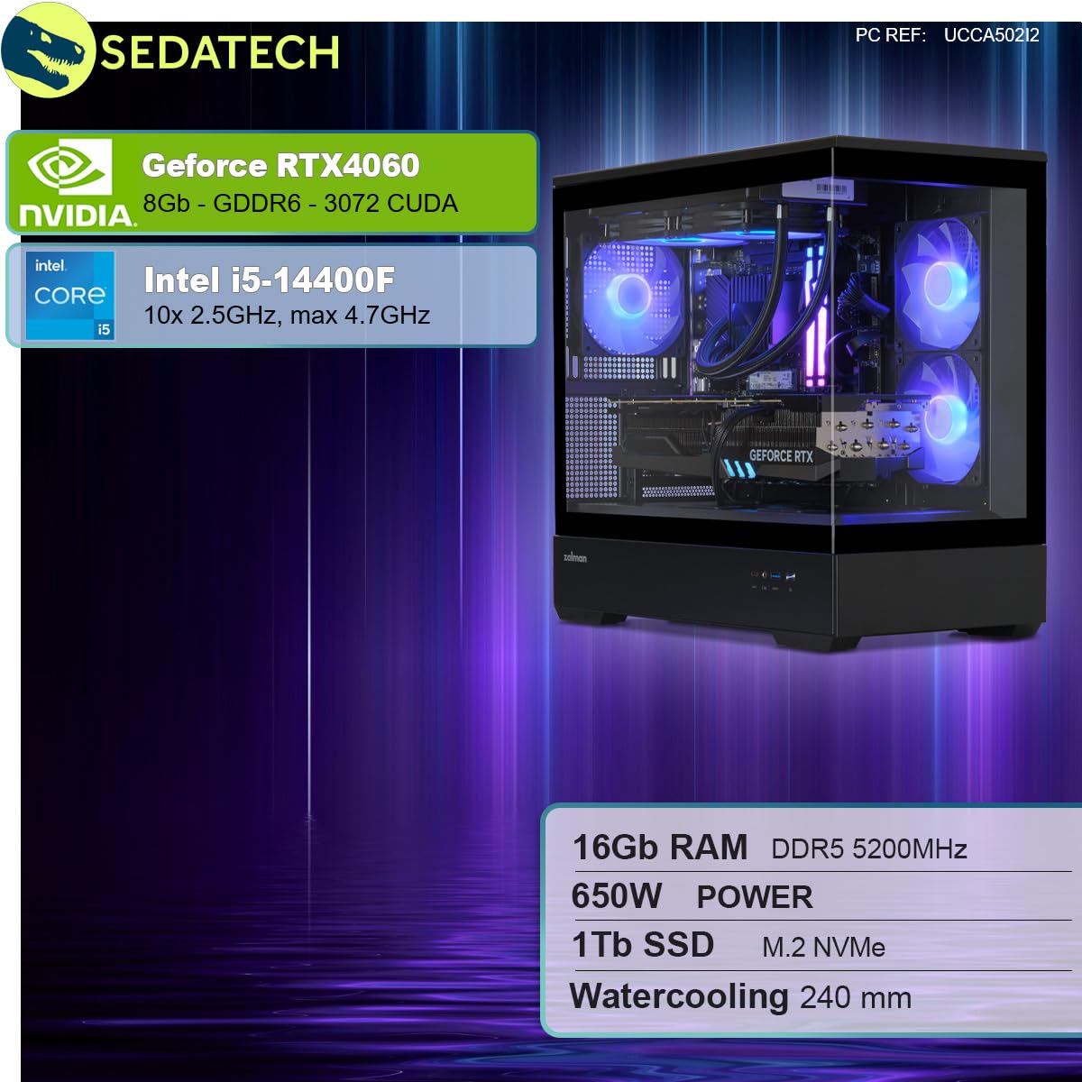 ПК Sedatech Advanced Gaming Water Cooling Full Vision Intel i5-14400F RTX4060 16 ГБ DDR5 1TB SSD M.2 Без ОС, фото №2