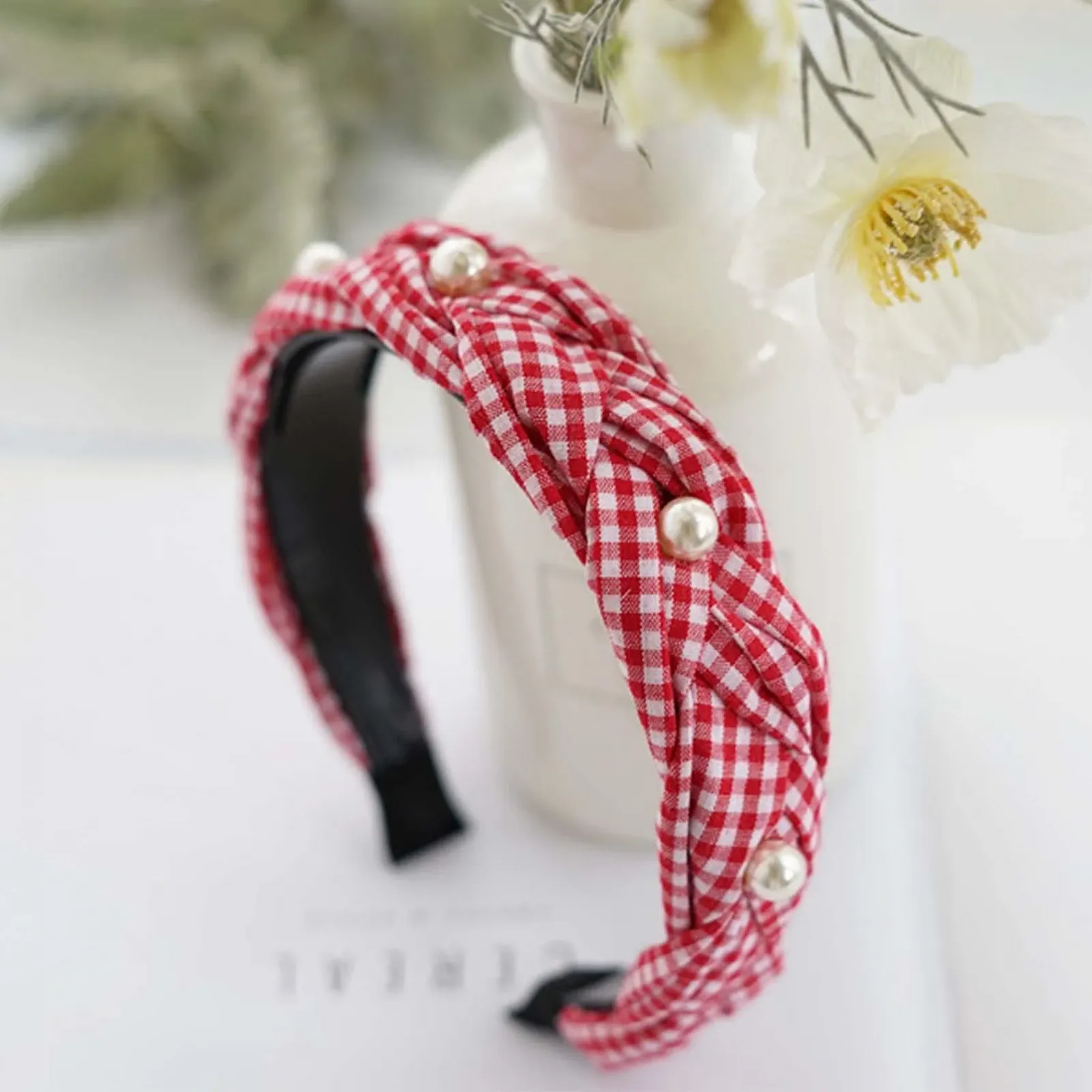Жіночий обруч для волосся в клітинку плетений з перлинами, фото №6