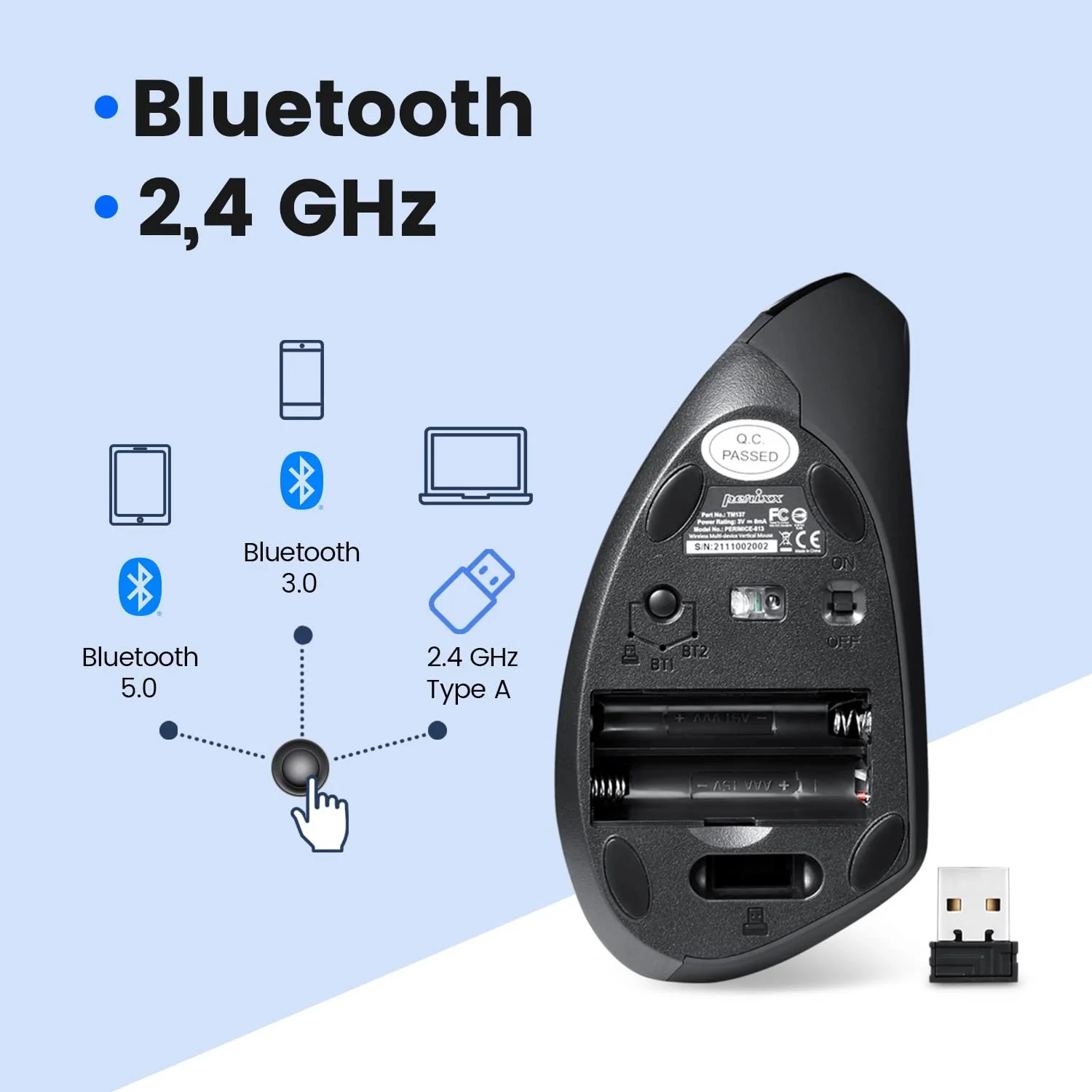 Мишь Perixx PERIMICE-813B Вертикальная Bluetooth Беспроводная 3-в-1 Multi-Device Черный, фото №4