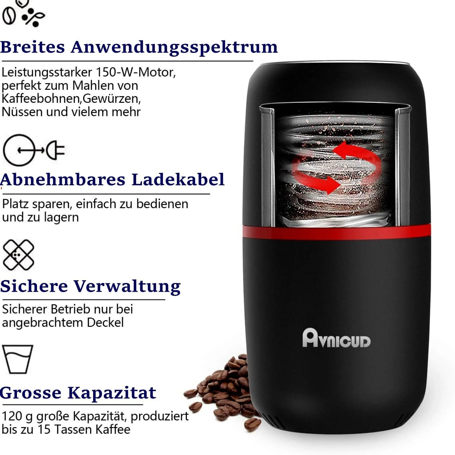 Кавомолка WAVATA 120 г, електрична млинниця для спецій, горіхів, зерна, перцю, 150 Вт, з щіткою, чорна, фото №4 Кавомолка WAVATA 120 г, електрична млинниця для спецій, горіхів, зерна, перцю, 150 Вт, з щіткою, чорна, фото №4