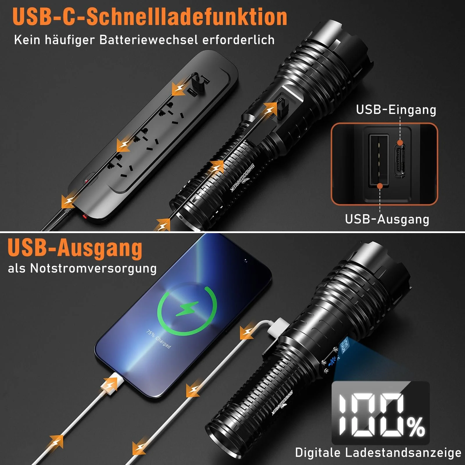 LED Ліхтар Shadowhawk XHM77.2 Акумуляторний Надзвичайно Яскравий 500 000 Люменів USB Тактичний Водонепроникний для Кемпінгу та Надзвичайних Ситуацій, фото №6