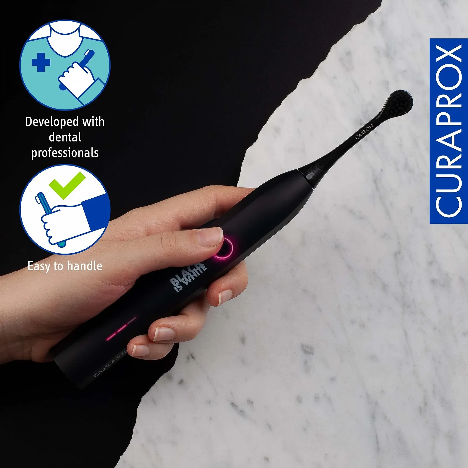 Электрическая звуковая зубная щетка Curaprox Black is White-Hydrosonic 3 режима LED-дисплей Насадка с активированным углем Дорожный футляр Черная, фото №5