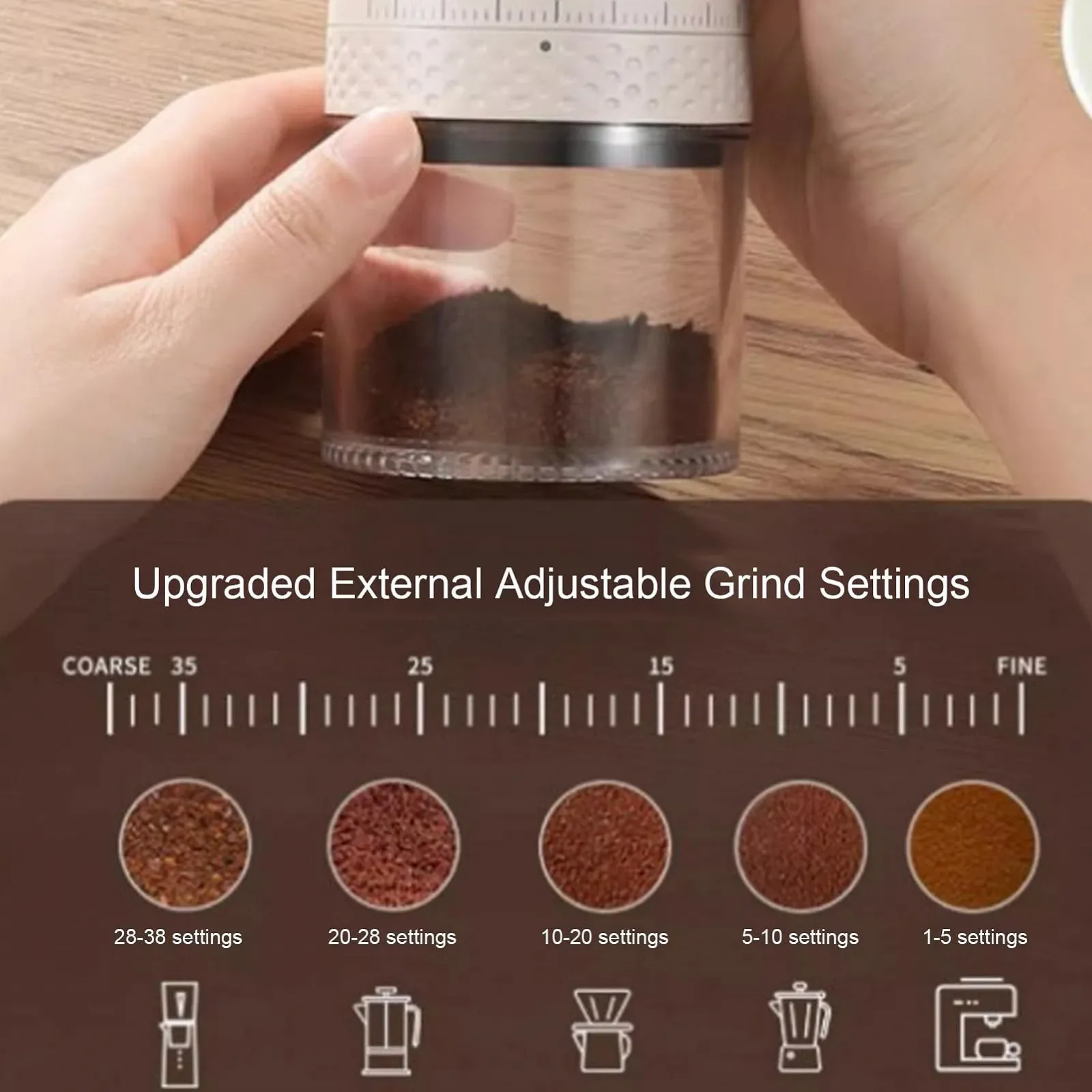 Электрическая кофемолка портативная с 38 регулируемыми настройками Beige, фото №7 Электрическая кофемолка портативная с 38 регулируемыми настройками Beige, фото №7