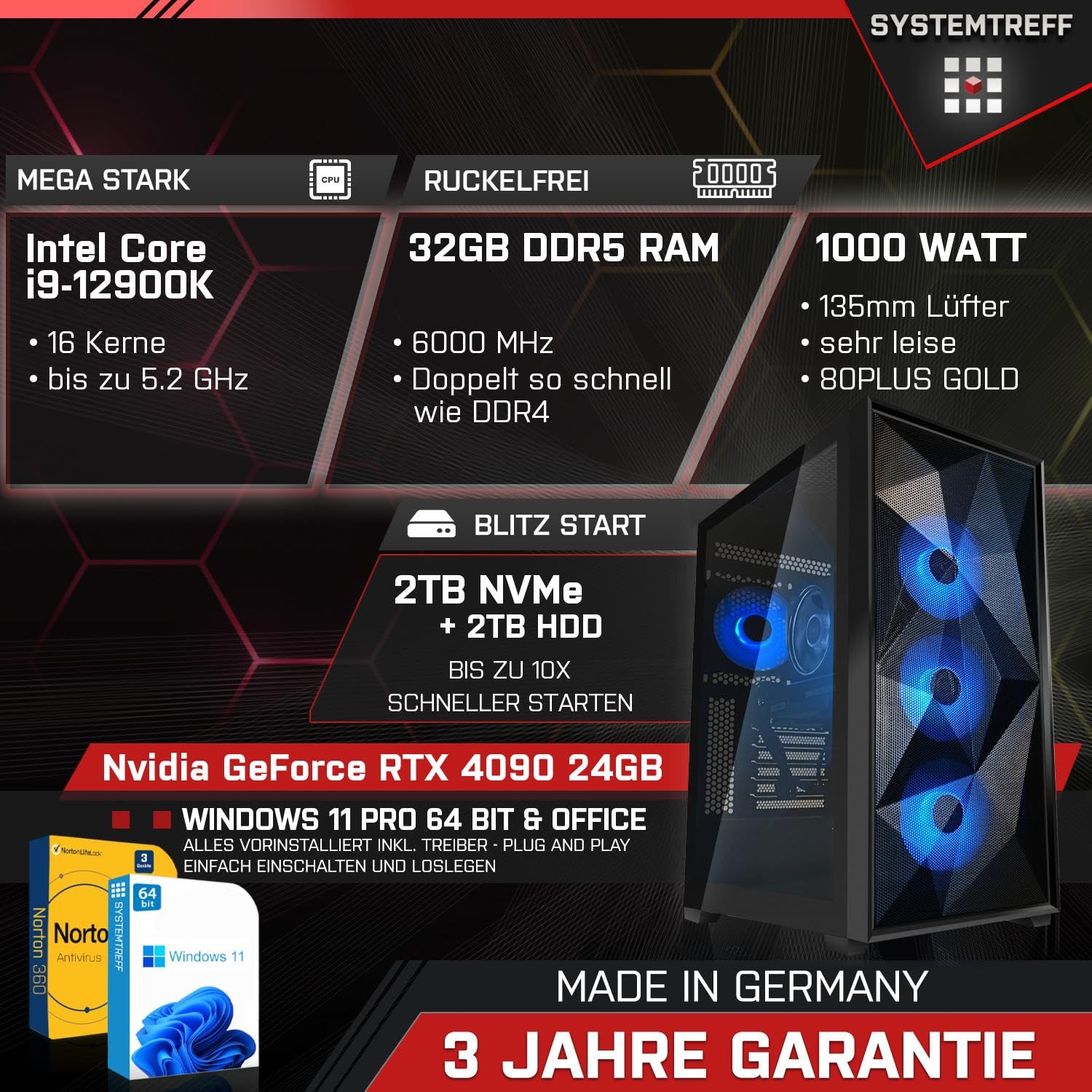 Системный блок SYSTEMTREFF Высококлассный Игровой ПК Intel Core i9-12900K 16x5.2GHz Nvidia GeForce RTX 4090 24GB 2TB M.2 NVMe + 2TB HDD 32GB DDR5 RAM WLAN, фото №2 Системный блок SYSTEMTREFF Высококлассный Игровой ПК Intel Core i9-12900K 16x5.2GHz Nvidia GeForce RTX 4090 24GB 2TB M.2 NVMe + 2TB HDD 32GB DDR5 RAM WLAN, фото №2