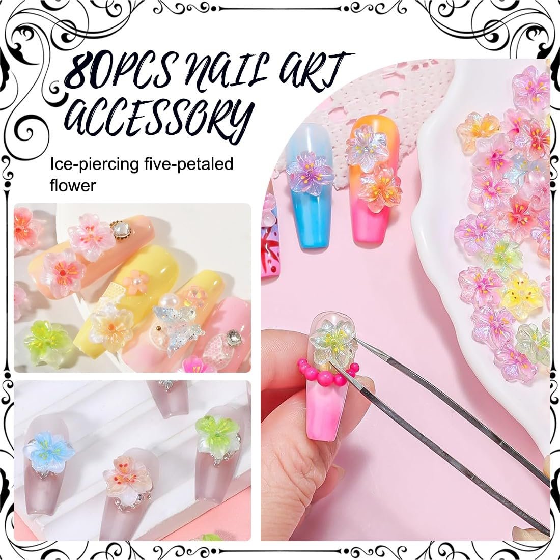 Прикраса для нігтів Квіти 3D 60 шт Різнокольорові, фото №2