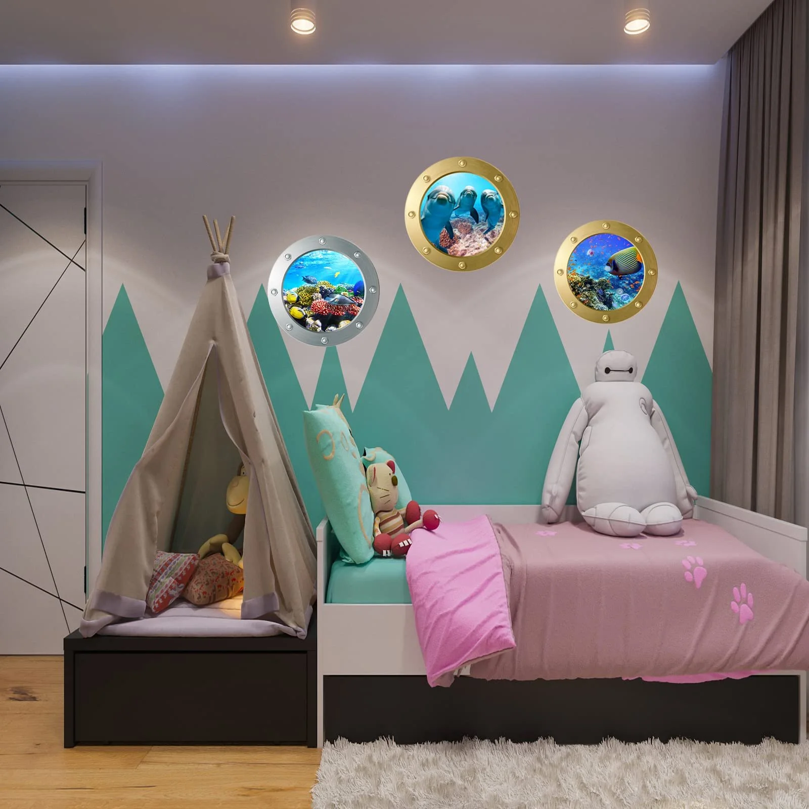 Наклейки на стіну 3D Underwater World Porthole 4 шт Золотистий + сріблястий, фото №9