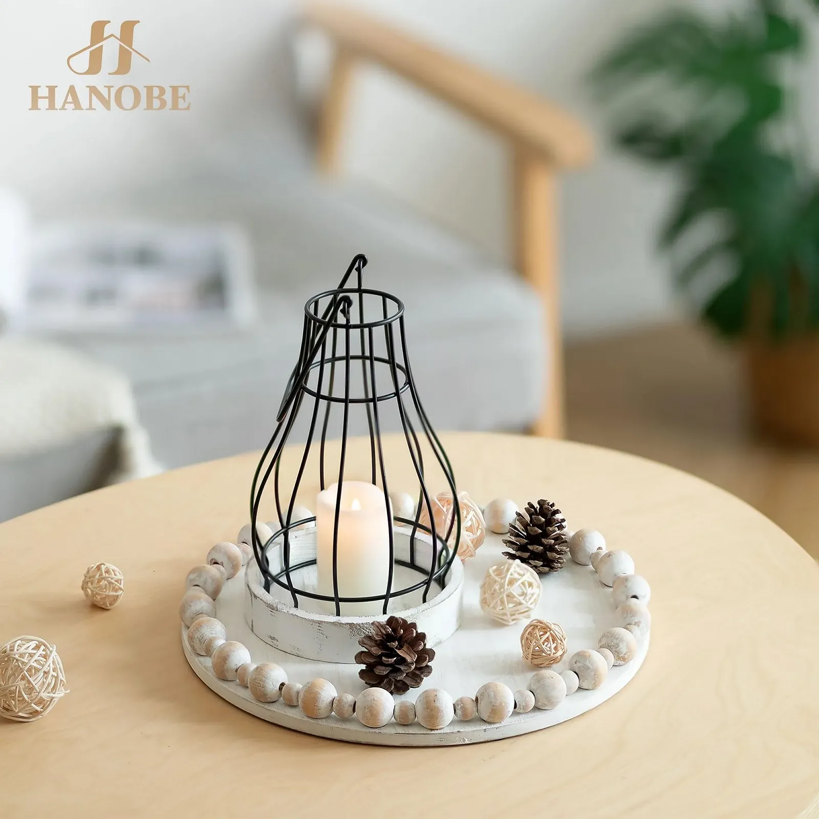 Круглый декоративный поднос Hanobe Деревянный, с искусственным жемчужным краем, фото №2