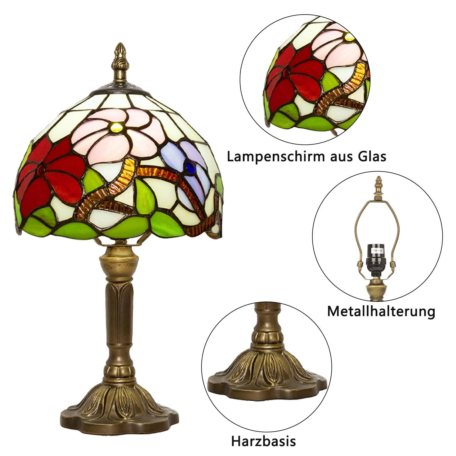 Настільна лампа Tiffany Three Flowers 8 дюймів ретро вітражне скло, фото №7