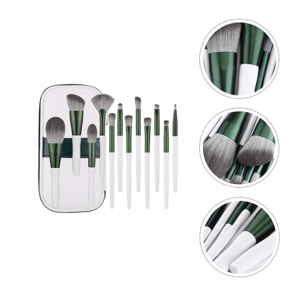 Набір 12 зелених скляних пензлів для макіяжу з чорним PU-шкіряним футляром, фото №7