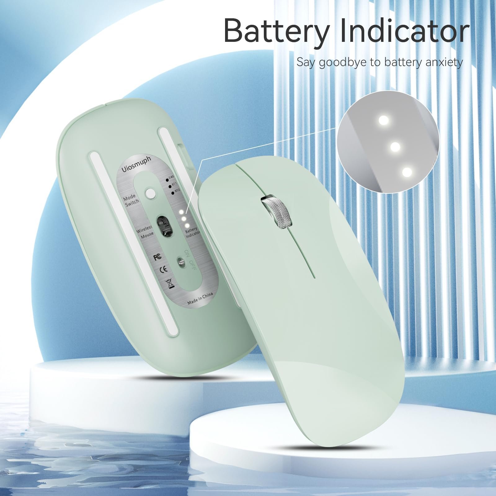 Мышь Uiosmuph Беспроводная Bluetooth с USB Nano приемником Tri-Mode (Dual Bluetooth 5.1 + 2.4GHz) Тихая Перезаряжаемая для Ноутбука, ПК, iPad, Mac, Зеленая, фото №2