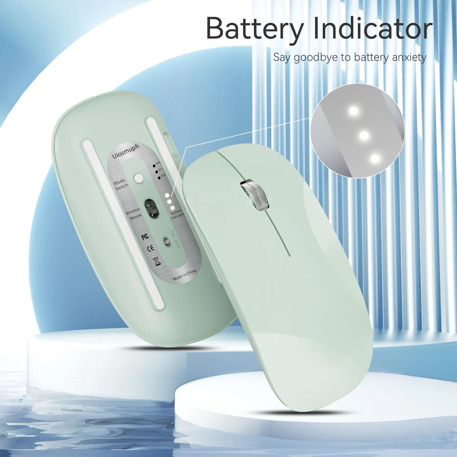 Мышь Uiosmuph Беспроводная Bluetooth с USB Nano приемником Tri-Mode (Dual Bluetooth 5.1 + 2.4GHz) Тихая Перезаряжаемая для Ноутбука, ПК, iPad, Mac, Зеленая, фото №2