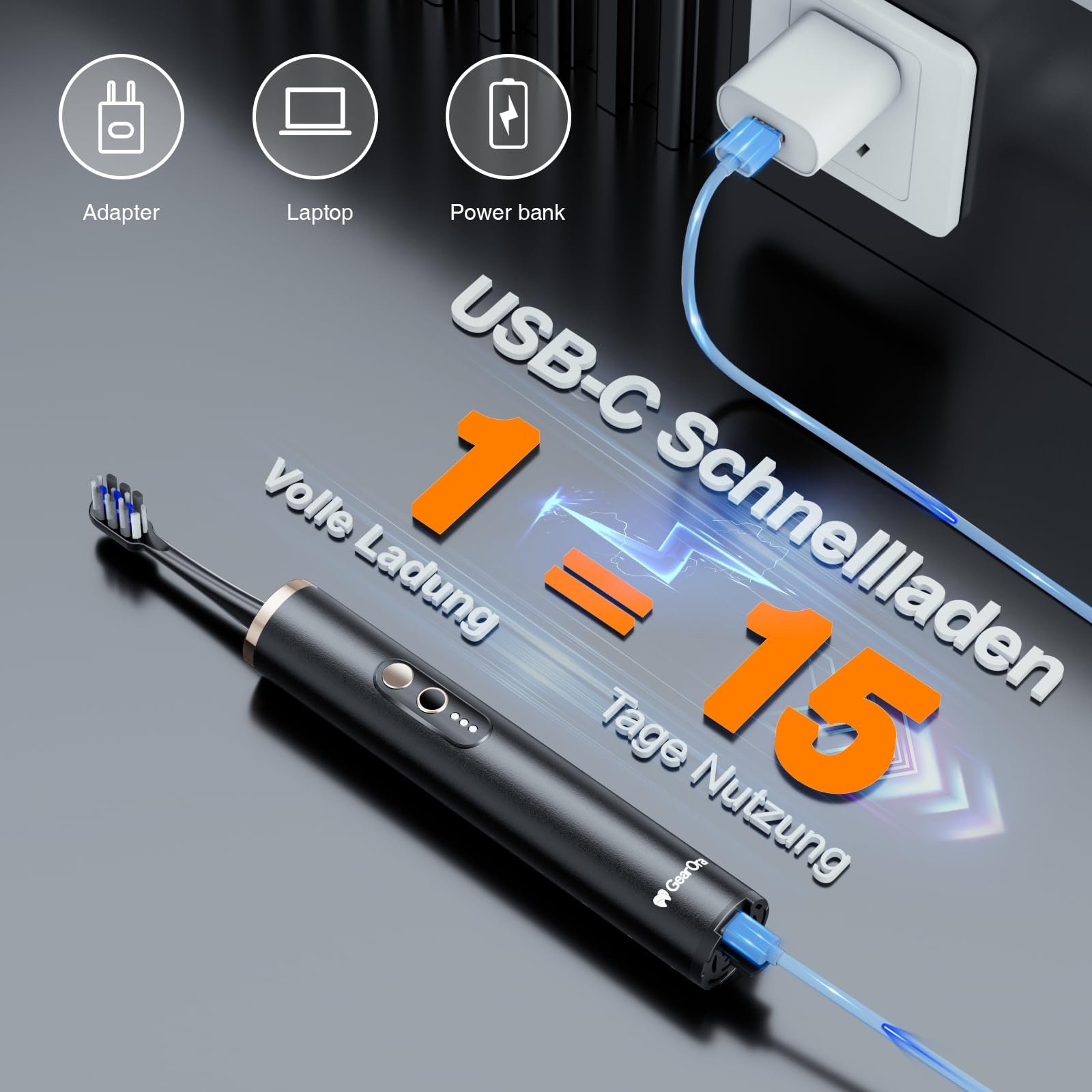 Електрична зубна щітка з UVC-стерилізацією та антибактеріальними щетинками з графену Чорна, фото №8