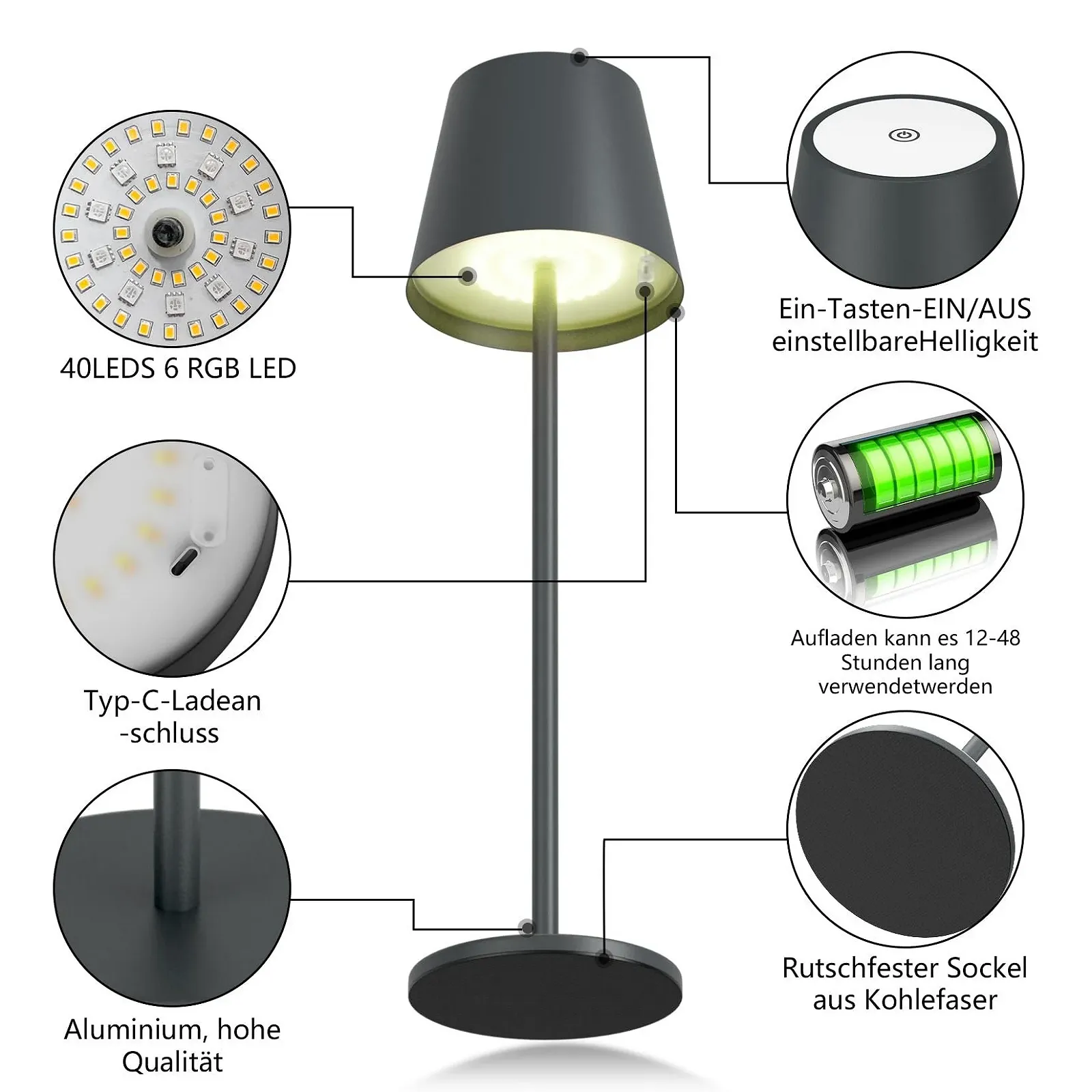 Настільна лампа Aipsun LED бездротова 5000 мАг Touch Dimmable RGB USB-C IP54 Anthracite 30 см, фото №3