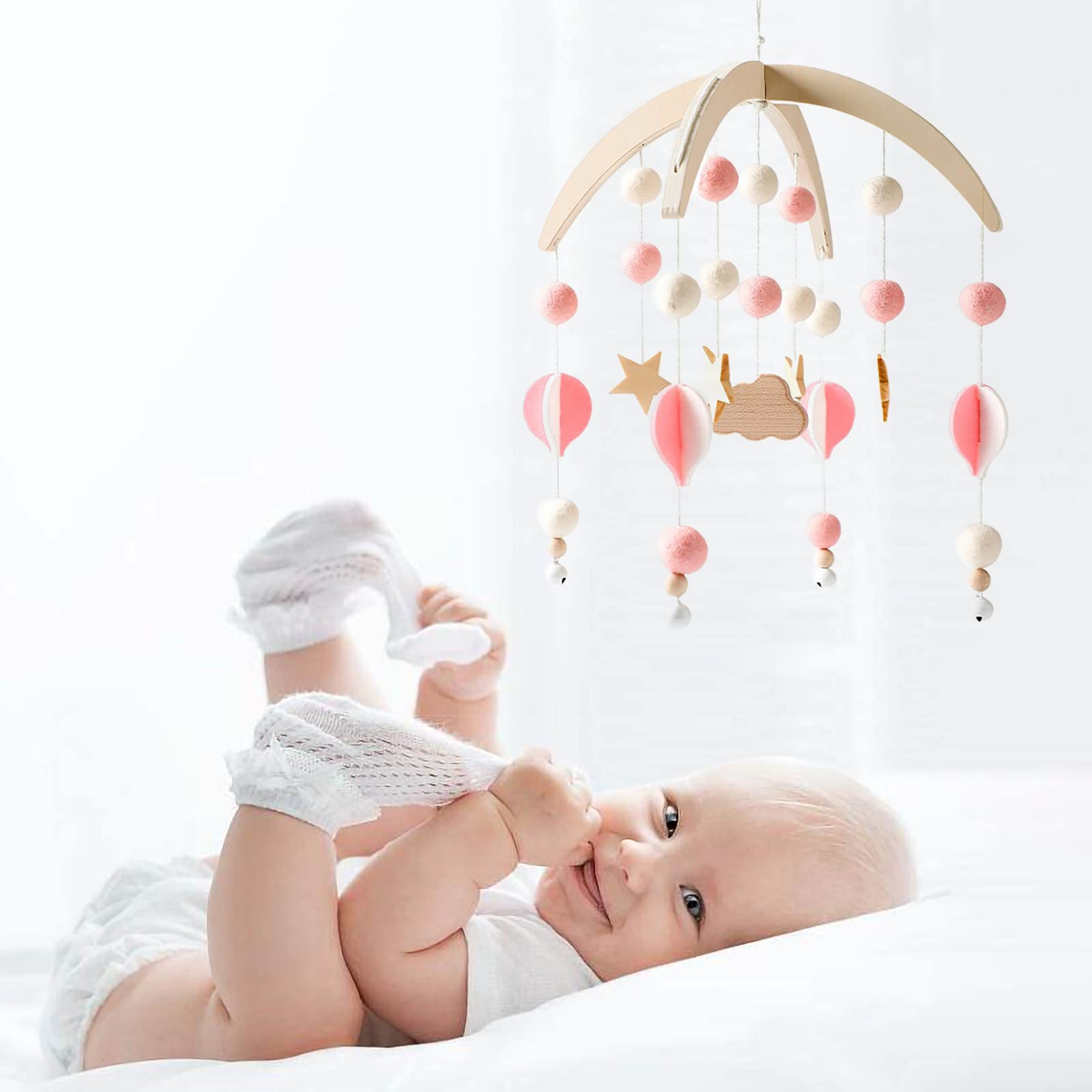 Мобиль Baby Wind Chimes Baby с деревянными элементами, фетровыми шариками, 3D Луна, Звезды, Облака, Слоны, подвесной звонок для детской кроватки, для мальчиков и девочек (розовый), фото №2