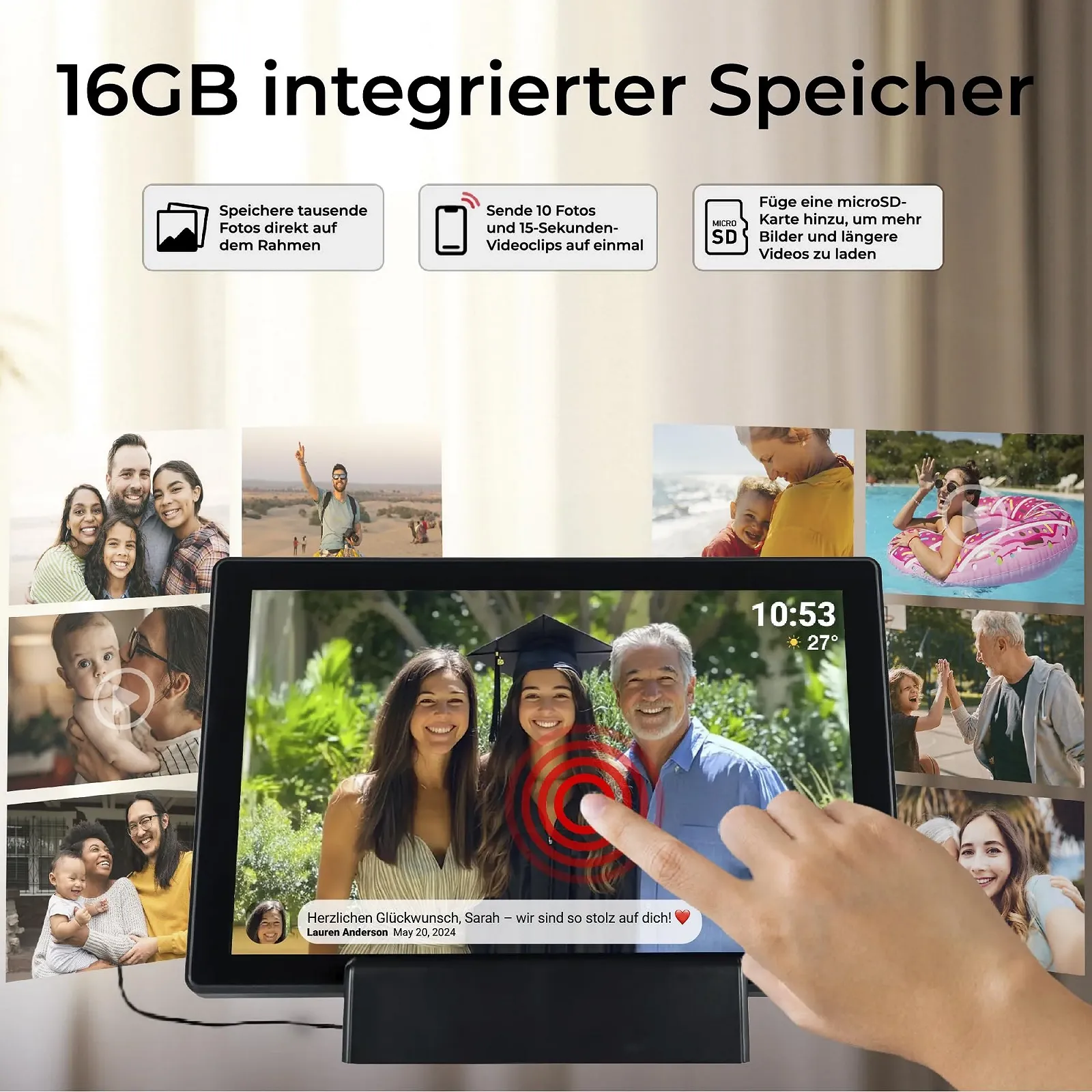 Цифровая фоторамка Denver PFF-1070B 10.1 дюйма HD IPS Touchscreen 16GB WiFi с аккумулятором Черная, фото №8 Цифровая фоторамка Denver PFF-1070B 10.1 дюйма HD IPS Touchscreen 16GB WiFi с аккумулятором Черная, фото №8