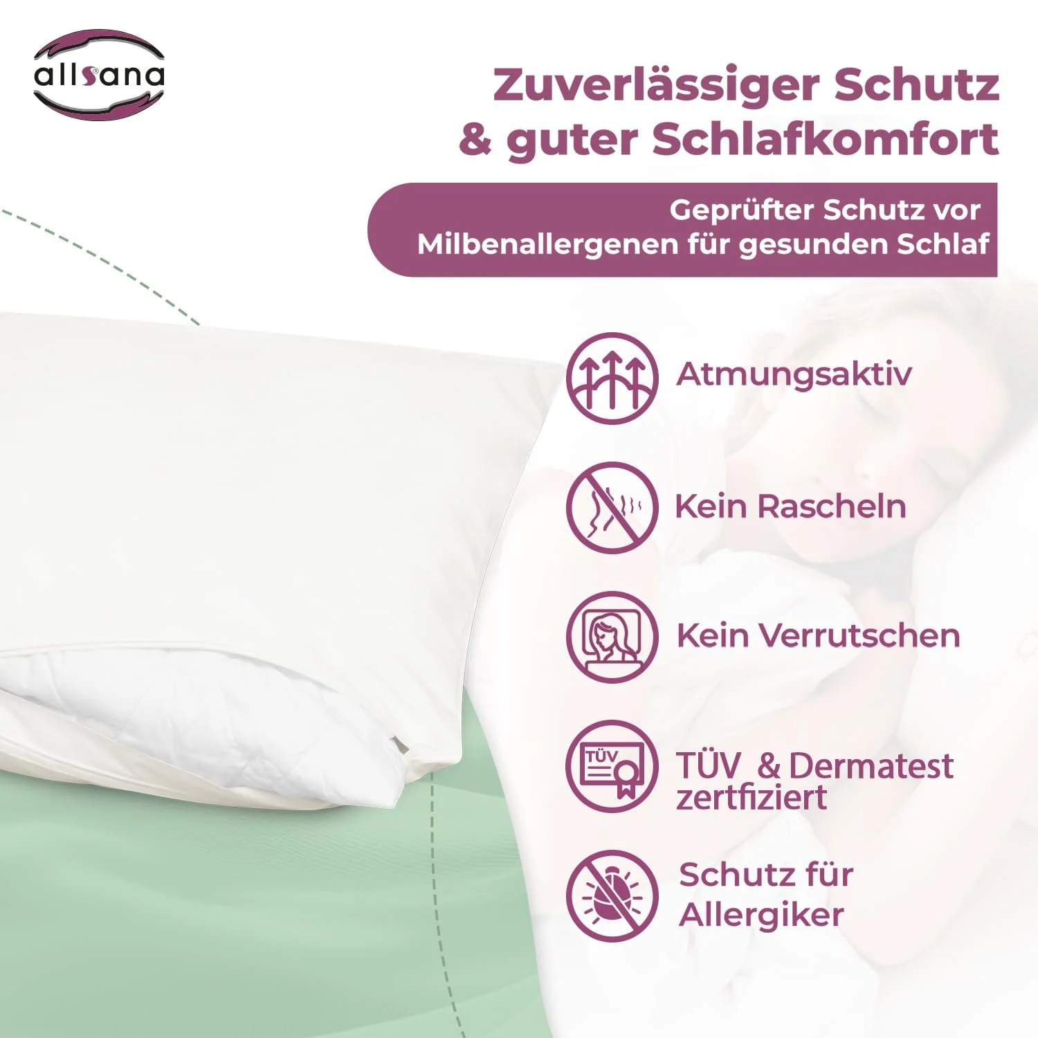 Наволочка Allsana 80 x 80 см для алергіків, захист від пилових кліщів, фото №2 Наволочка Allsana 80 x 80 см для алергіків, захист від пилових кліщів, фото №2