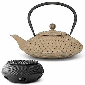 Чайник-заварник Bredemeijer Чавунний Набір Flat Asia Чавунний глечик, індукційний, пісочний колір з підігрівачем та фільтром для чаю, 1,25 літра - Фото 1