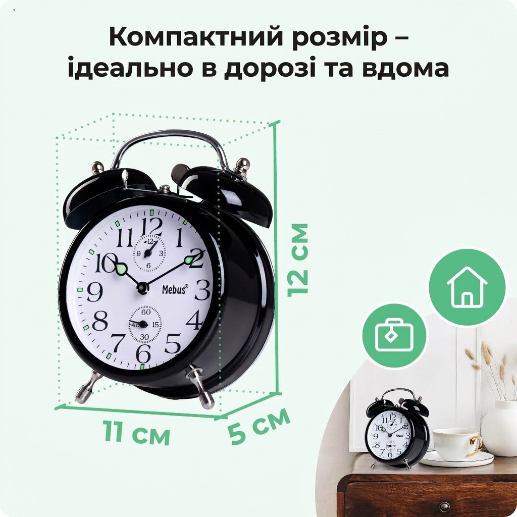 Механічний будильник Mebus Twin Bell Vintage Чорний, фото №4