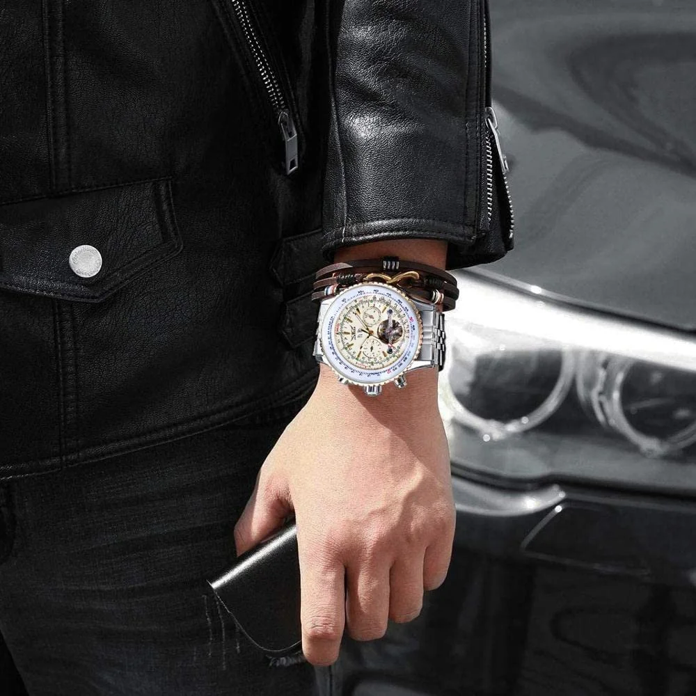 Механические часы с автоподзаводом FORSINING Мужской, Скелетон, Турбийон, Календарь, Дата, Золотой Браслет, фото №6 Механические часы с автоподзаводом FORSINING Мужской, Скелетон, Турбийон, Календарь, Дата, Золотой Браслет, фото №6