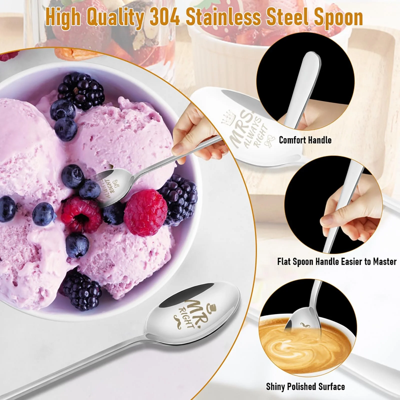 Кавова ложка Mr and Mrs Spoon з гравіюванням Mr Right Mrs Always Right, з нержавіючої сталі, фото №3 Кавова ложка Mr and Mrs Spoon з гравіюванням Mr Right Mrs Always Right, з нержавіючої сталі, фото №3