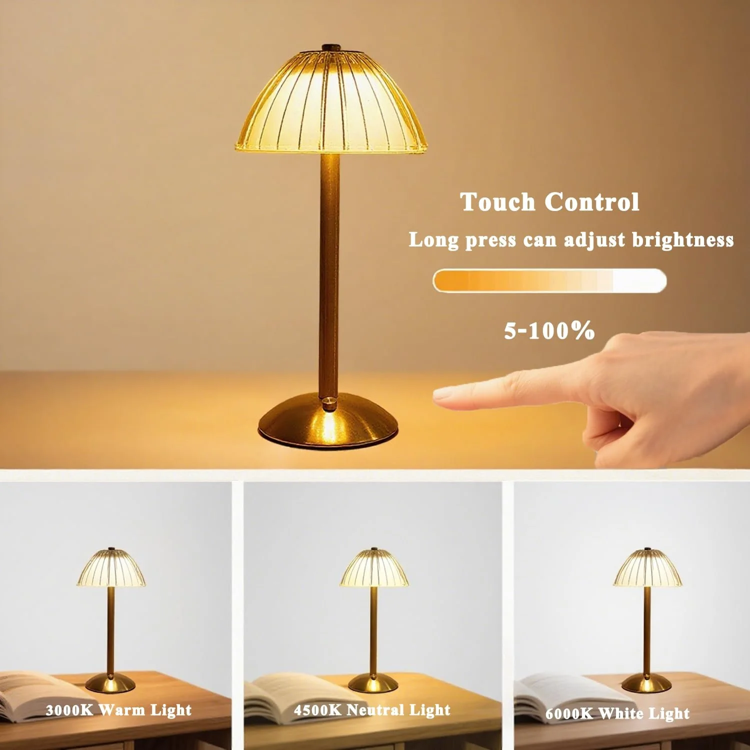 Бездротова світлодіодна настільна лампа акумулятор 1800 мАгод, 3 Вт, сенсорне керування, 3 кольори світла золотиста, фото №4