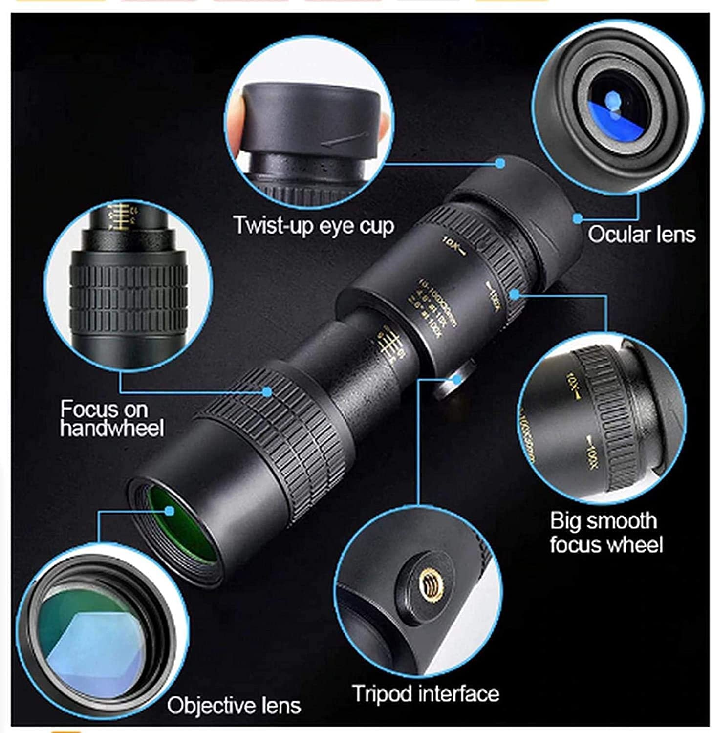 Монокулярный телескоп QHYTL 4K 10–300 x 40 мм Super-Telezoom для смартфона с держателем для телефона для пляжных поездок на природе, фото №3