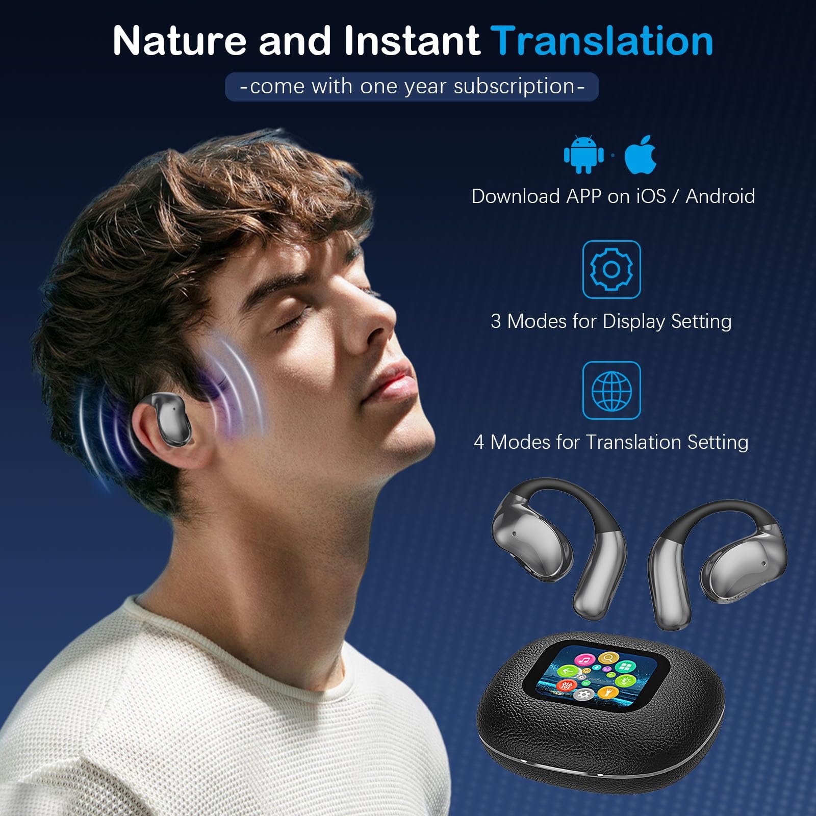 Навушники-перекладачі з сенсорним РК-екраном, AI 144 мовами в реальному часі, бездротові, фото №3