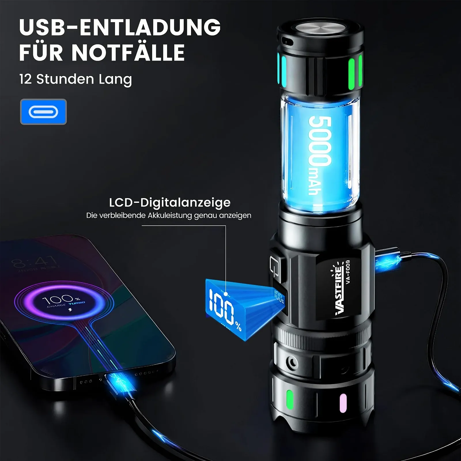 Ліхтар VASTFIRE LED Перезаряджуваний Надзвичайно Яскравий 500 000 Люмен, 30 Вт Тактичний з LCD Дисплеєм, IP67 Водонепроникний, з Магнітом для Кемпінгу, Надзвичайних Ситуацій, фото №5