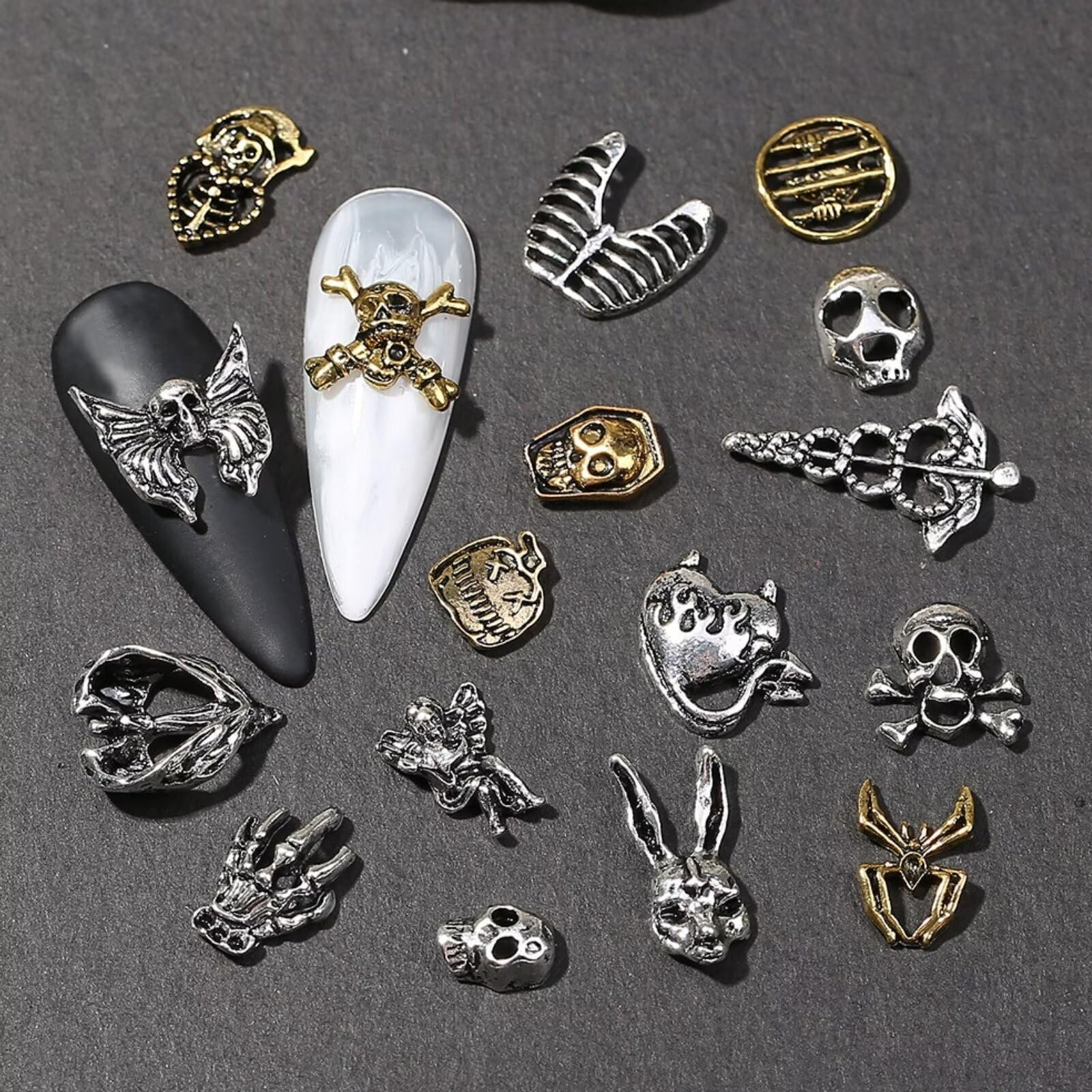 3D Хэллоуин Подвески для ногтей RUNRAYAY Металл Хром Готический Ретро Панк Череп, 48 шт, фото №5