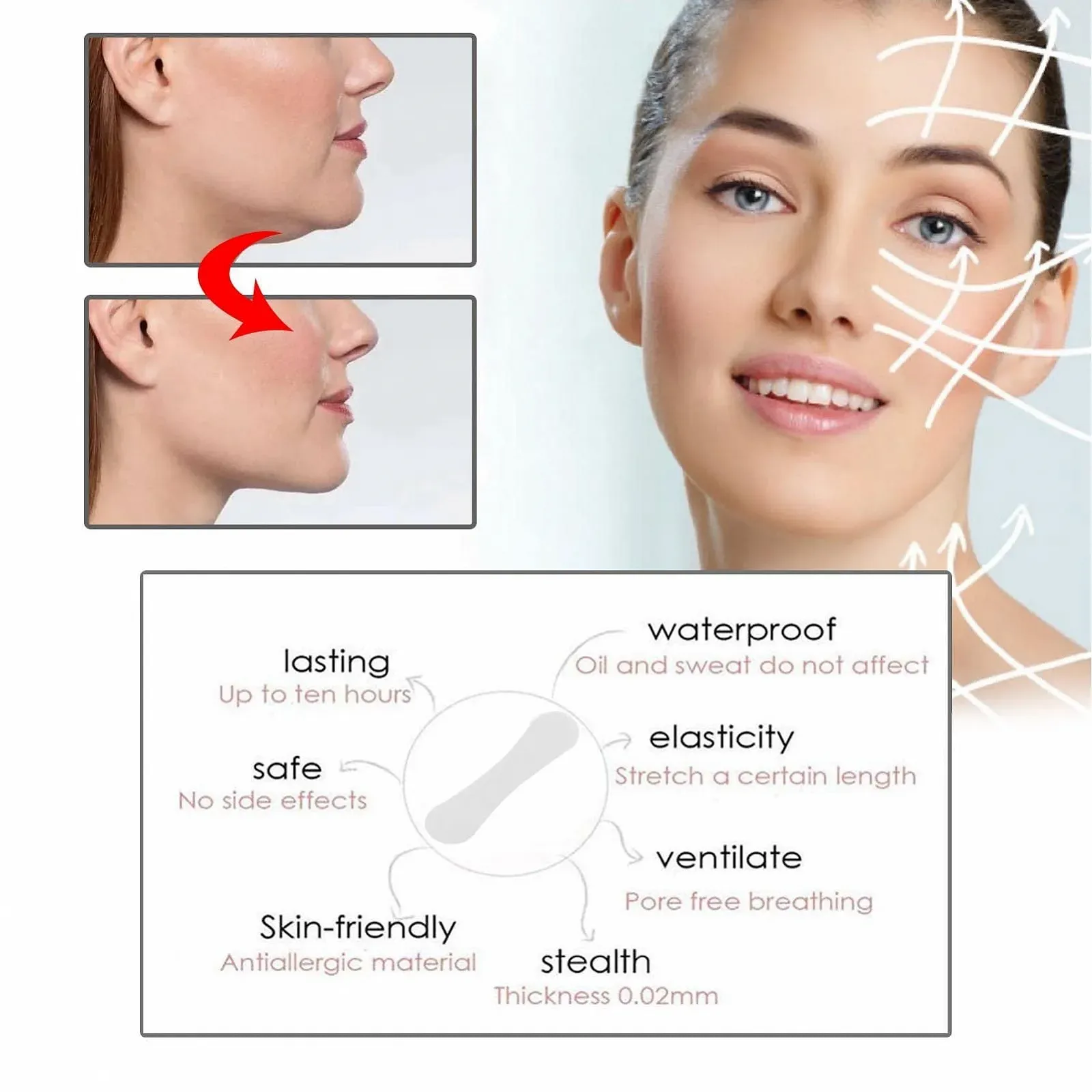 Стрічка для підтяжки обличчя Невидима, для освітлення дрібних зморшок та підтяжки, 100 штук в упаковці, фото №4