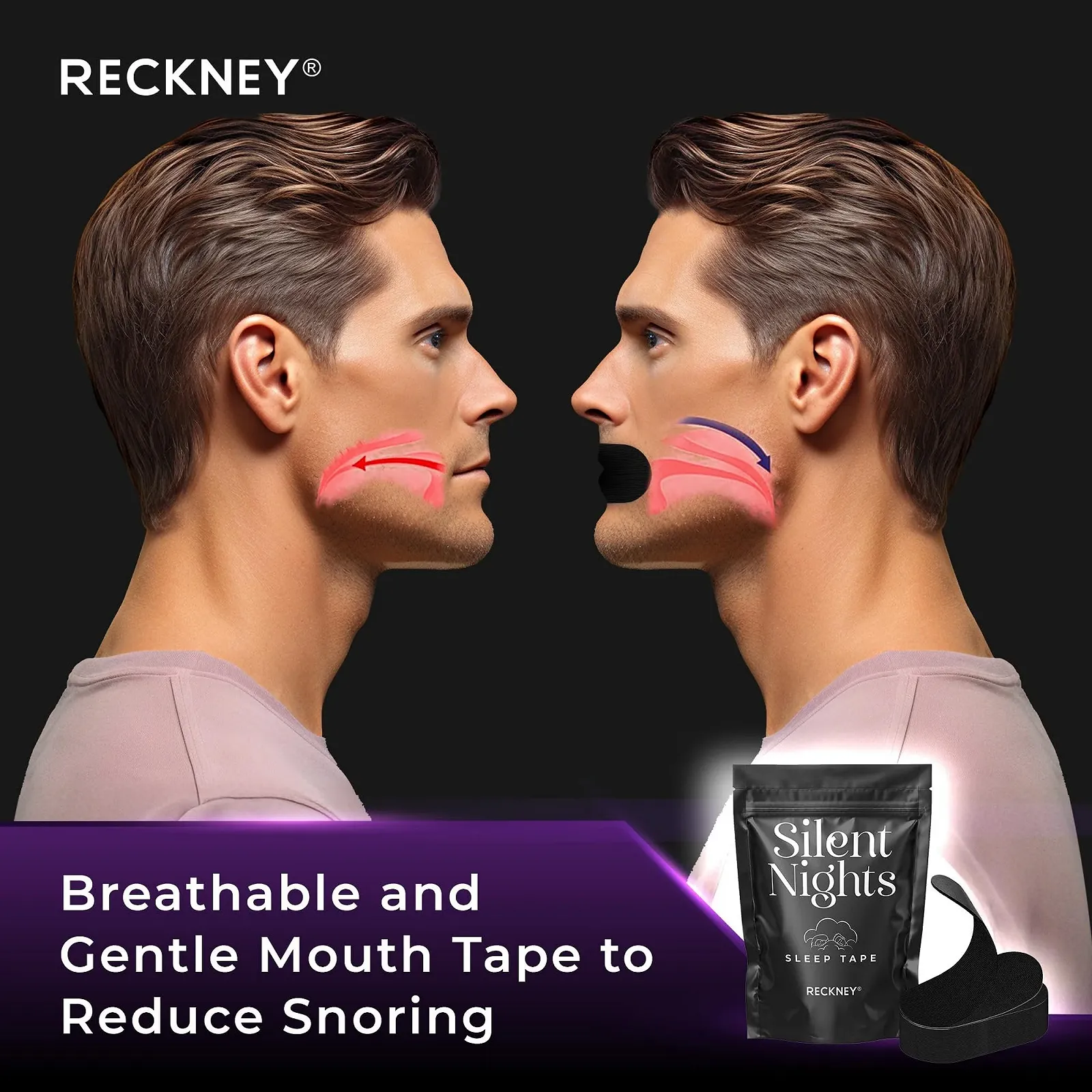 Пластыри от храпа RECKNEY, гипоаллергенные, дышащие, для мужчин и женщин, 30 шт, черный, фото №3