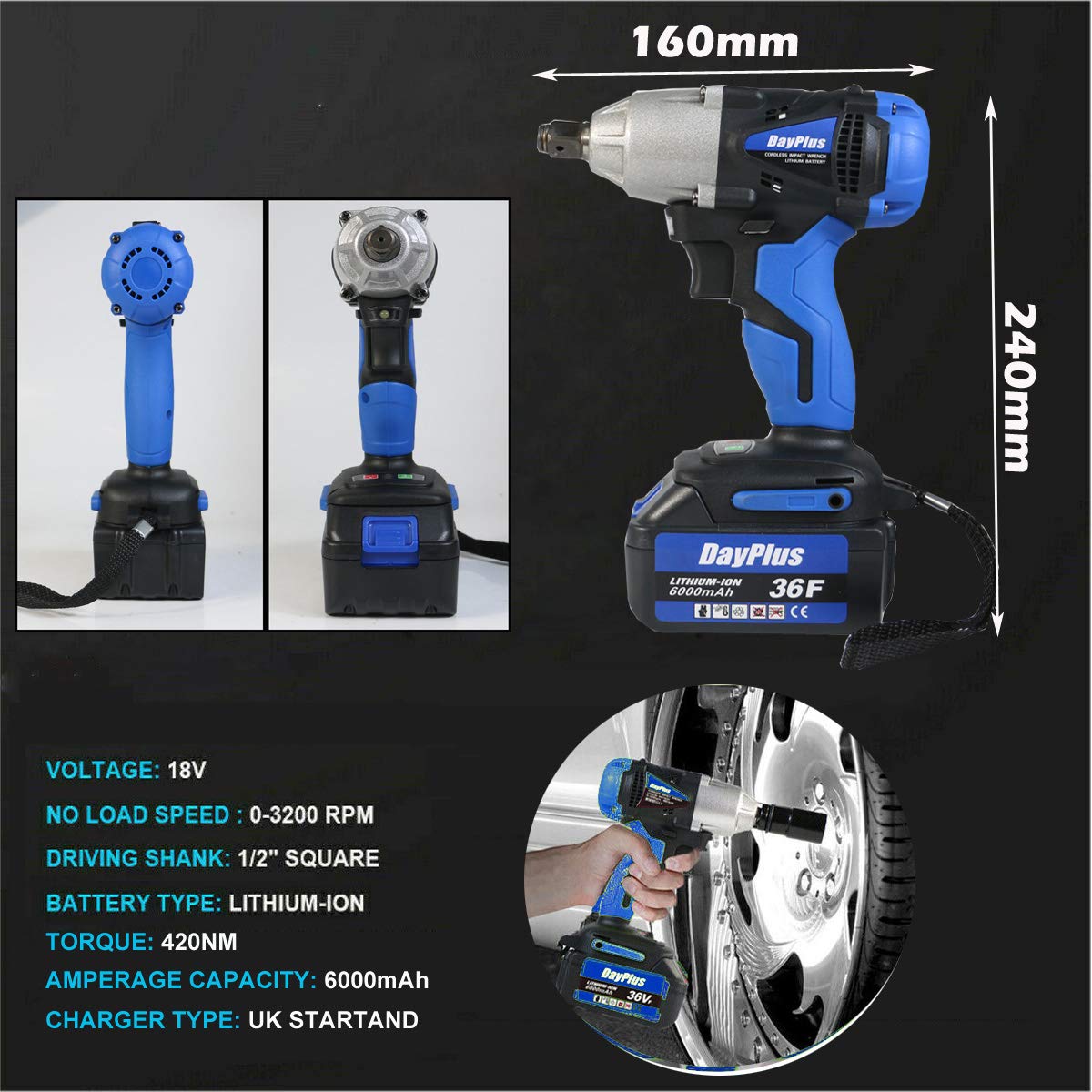 Шуруповерт DayPlus 1/2 Inch 18 В 6.0 Ah 420 Нм Чорний, фото №7 Шуруповерт DayPlus 1/2 Inch 18 В 6.0 Ah 420 Нм Чорний, фото №7