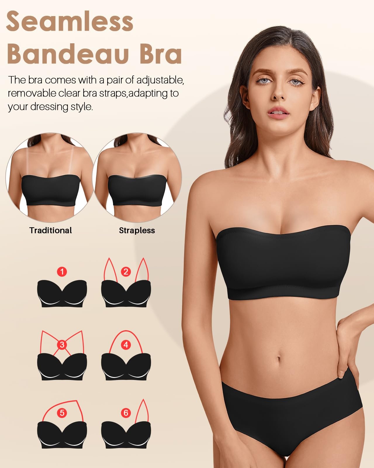 Бюстгальтер-бандо без косточек без бретелей бесшовный Tube Top с уплотнением и прозрачными бретелями, фото №3 Бюстгальтер-бандо без косточек без бретелей бесшовный Tube Top с уплотнением и прозрачными бретелями, фото №3