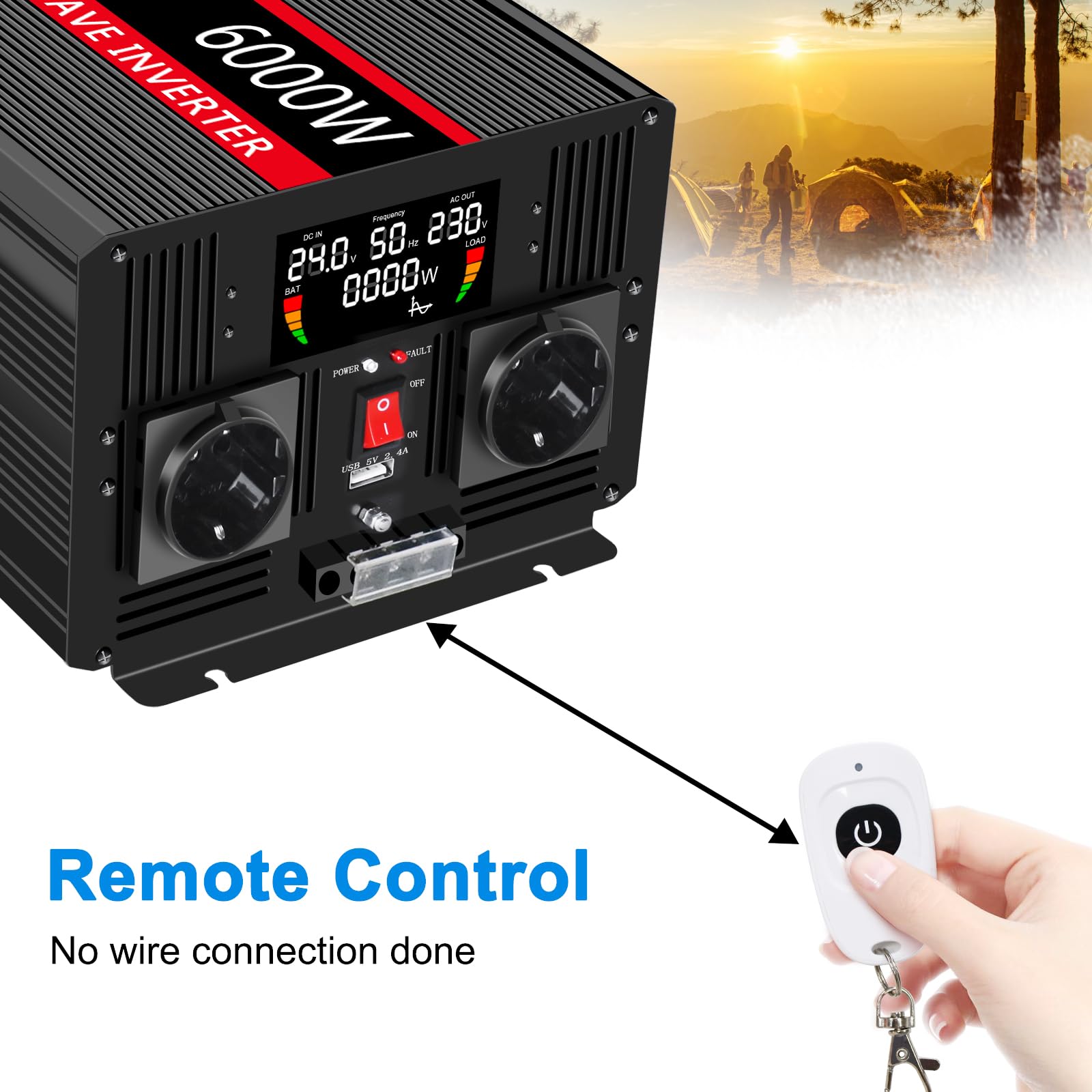 Інвертор JIGUUN Pure Sine Wave 6000 W 24 V 230 V з 2 EU розетками та USB виходом 2.4 A бездротовий пульт дистанційного керування та LCD дисплей пікова потужність 12000 W, фото №4