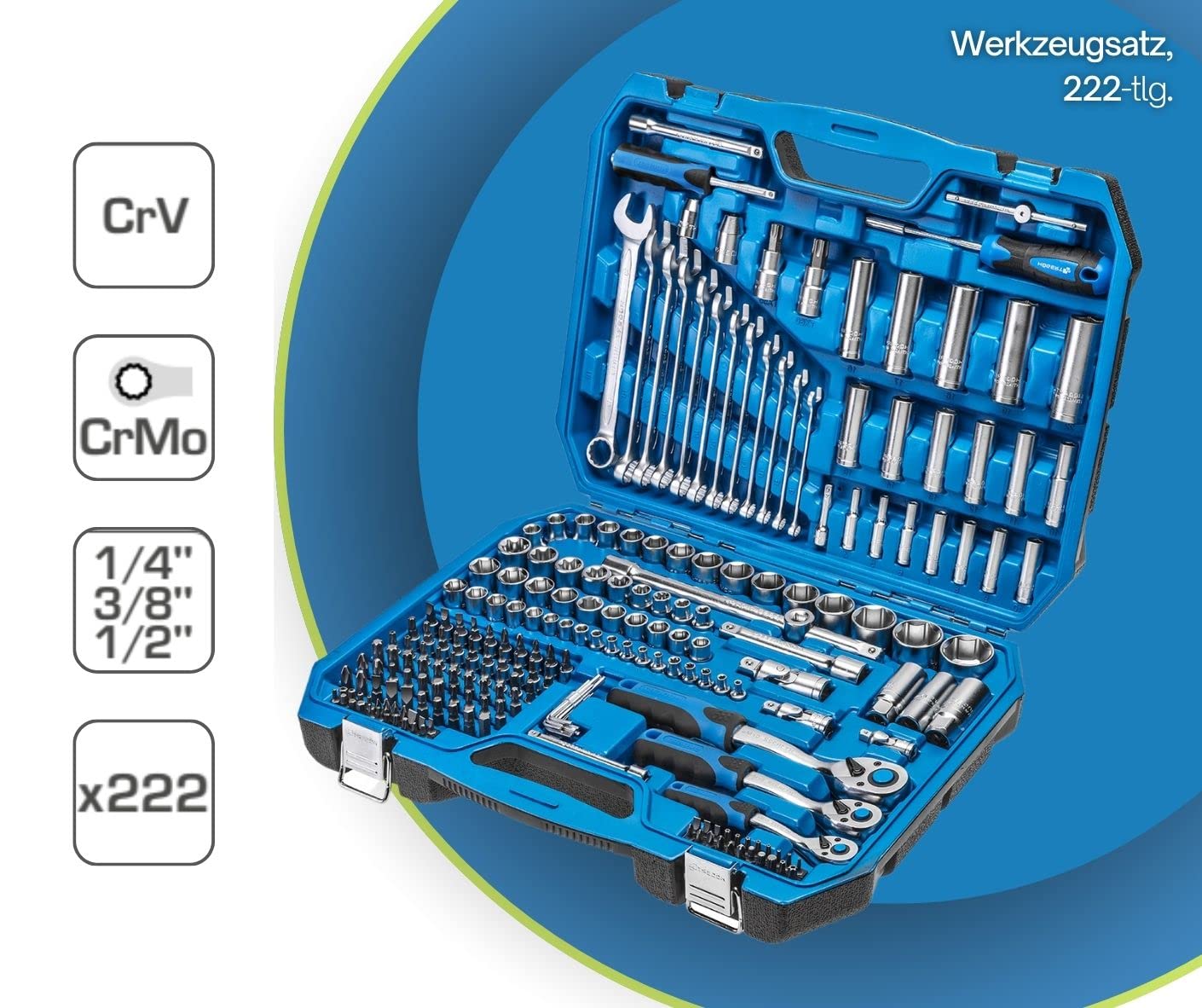 Набір інструментів Högert Technik HT1R444 Головки, біти та аксесуари 222 елементи, фото №2 Набір інструментів Högert Technik HT1R444 Головки, біти та аксесуари 222 елементи, фото №2