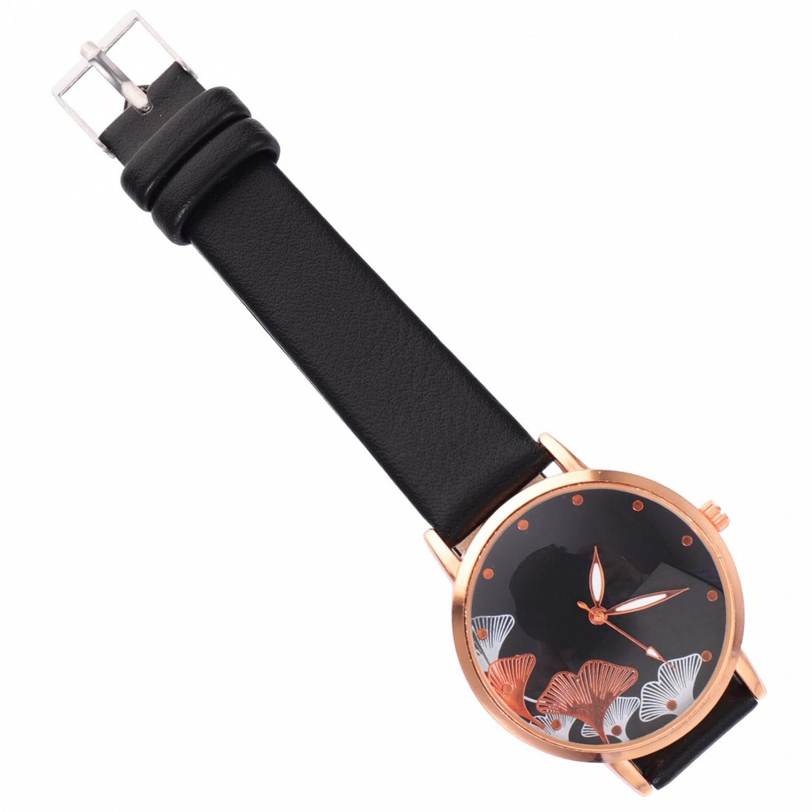 Женские часы PartyKindom с романтическим цветочным узором, черный кожаный ремешок, кварцевый механизм, стильный легкий дизайн для повседневных и особых случаев, аналоговые часы, фото №1 Женские часы PartyKindom с романтическим цветочным узором, черный кожаный ремешок, кварцевый механизм, стильный легкий дизайн для повседневных и особых случаев, аналоговые часы, фото №1