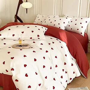 Комплект постельного белья Freyamy 220 x 240 см, 3 предмета, белые и красные сердца synthetic.ua - Фото 1