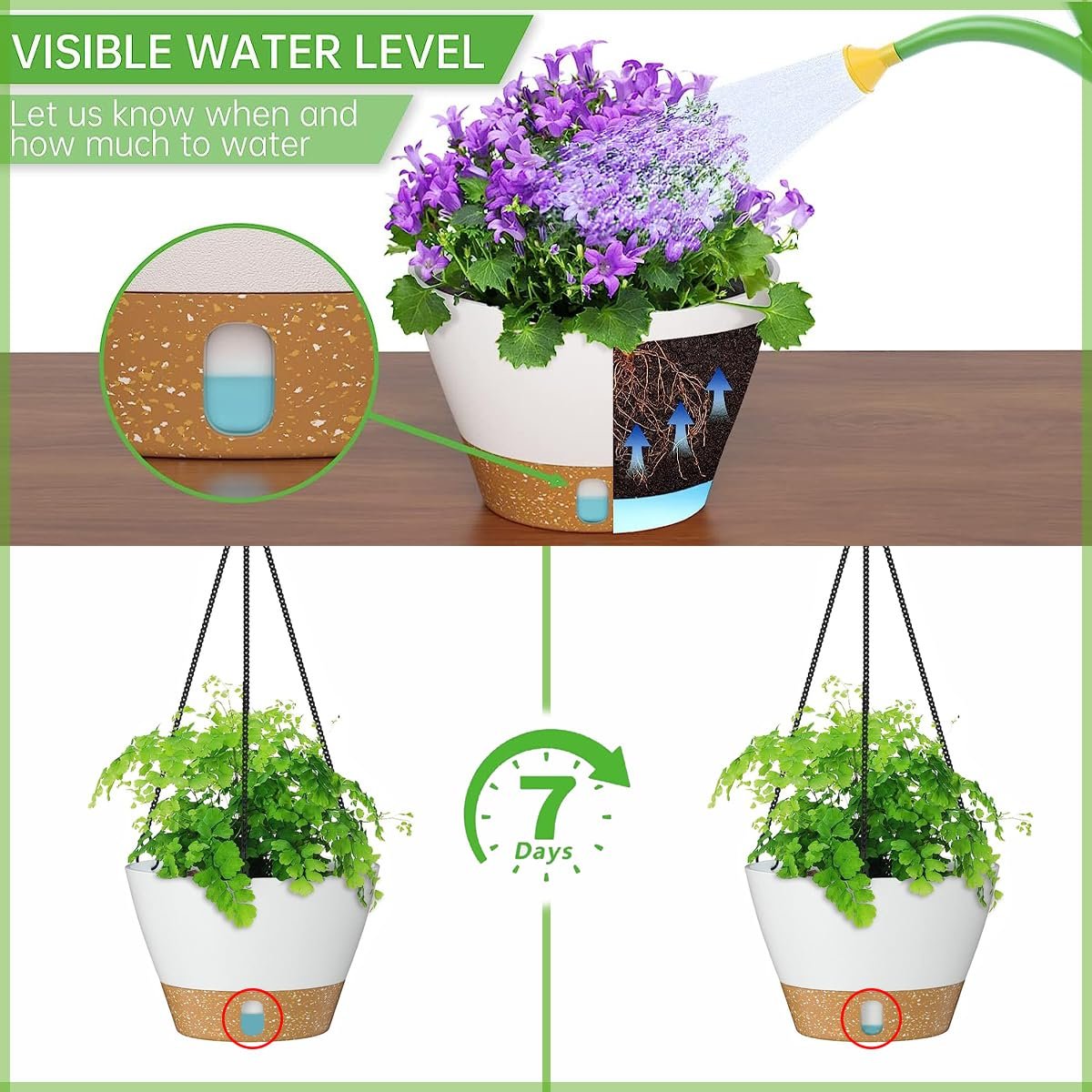 Підвісні кашпо набір 3 шт. пластикові з дренажним піддоном та гачками Білі, фото №4