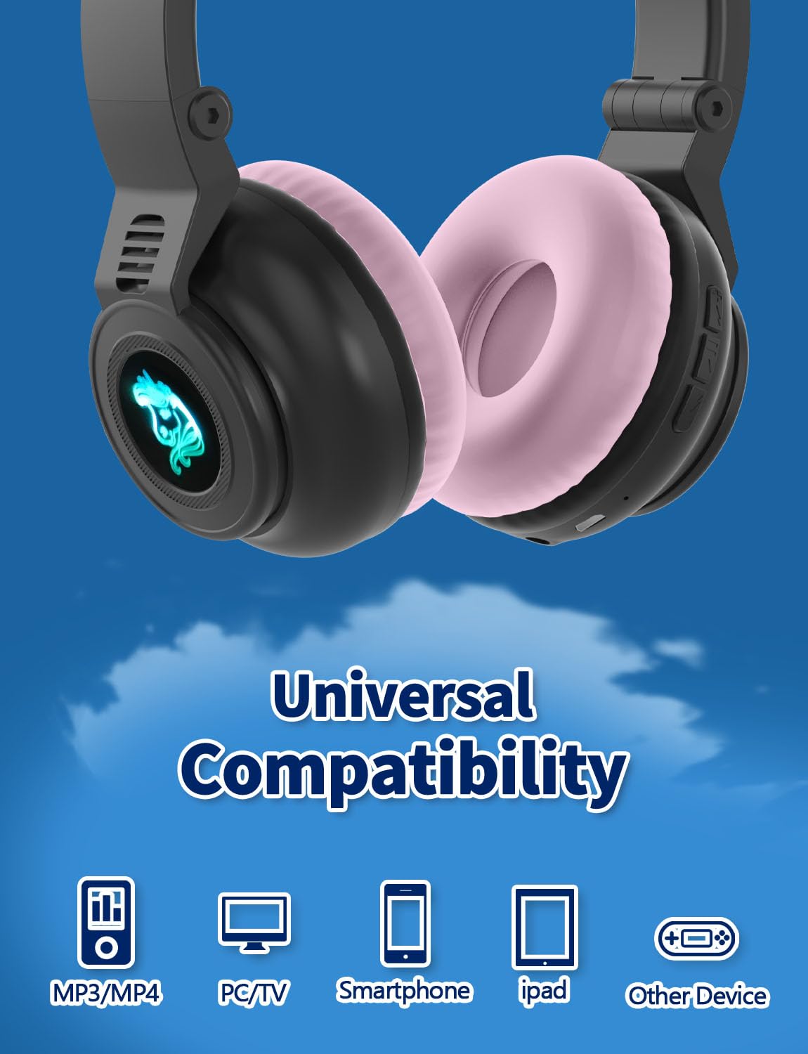 Навушники Bluetooth YUSONIC Unicorn для дівчаток хлопчиків з LED підсвіткою чорні, фото №4
