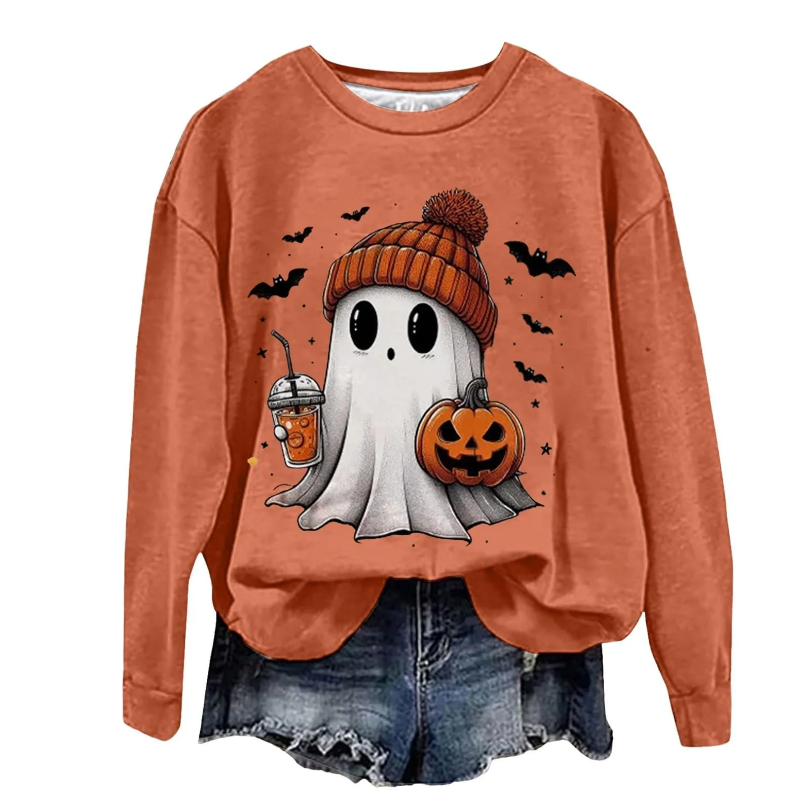 Жіночий светр YueYue Пуловер з принтом гарбузів та привидів, фото №1 Жіночий светр YueYue Пуловер з принтом гарбузів та привидів, фото №1