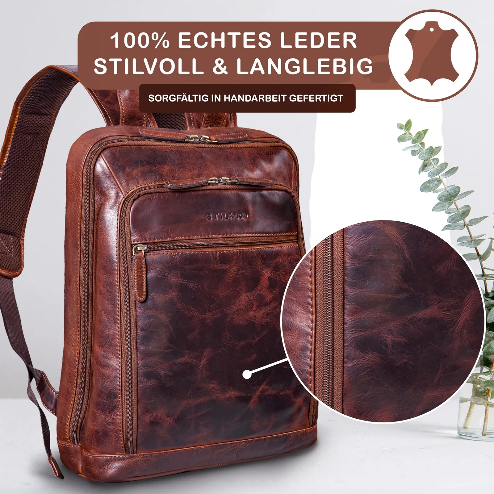 Рюкзак для ноутбука STILORD Watson 15.6 дюйма кожаный бизнес XL DIN A4 винтаж Florida - Brown, фото №5